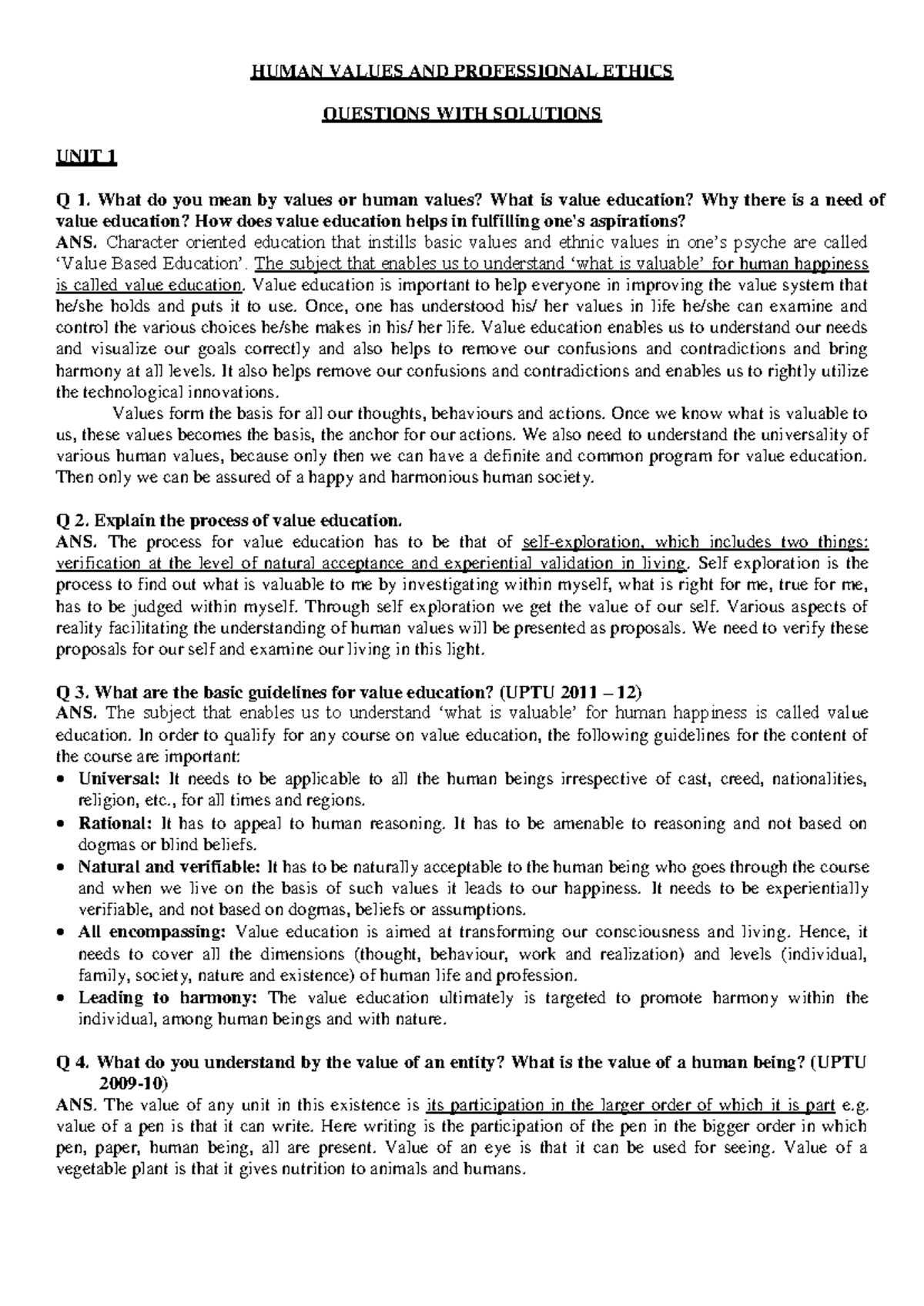 HVPE Un1 P1 - Comprehensive Unit 1 Notes on Value Education - Studocu