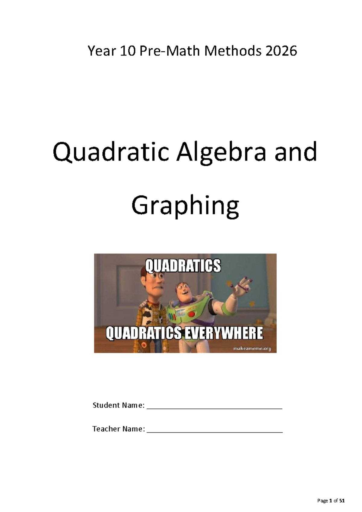 Year 10 Methods 2026: Quadratic Algebra & Graphing Class Notes - Studocu