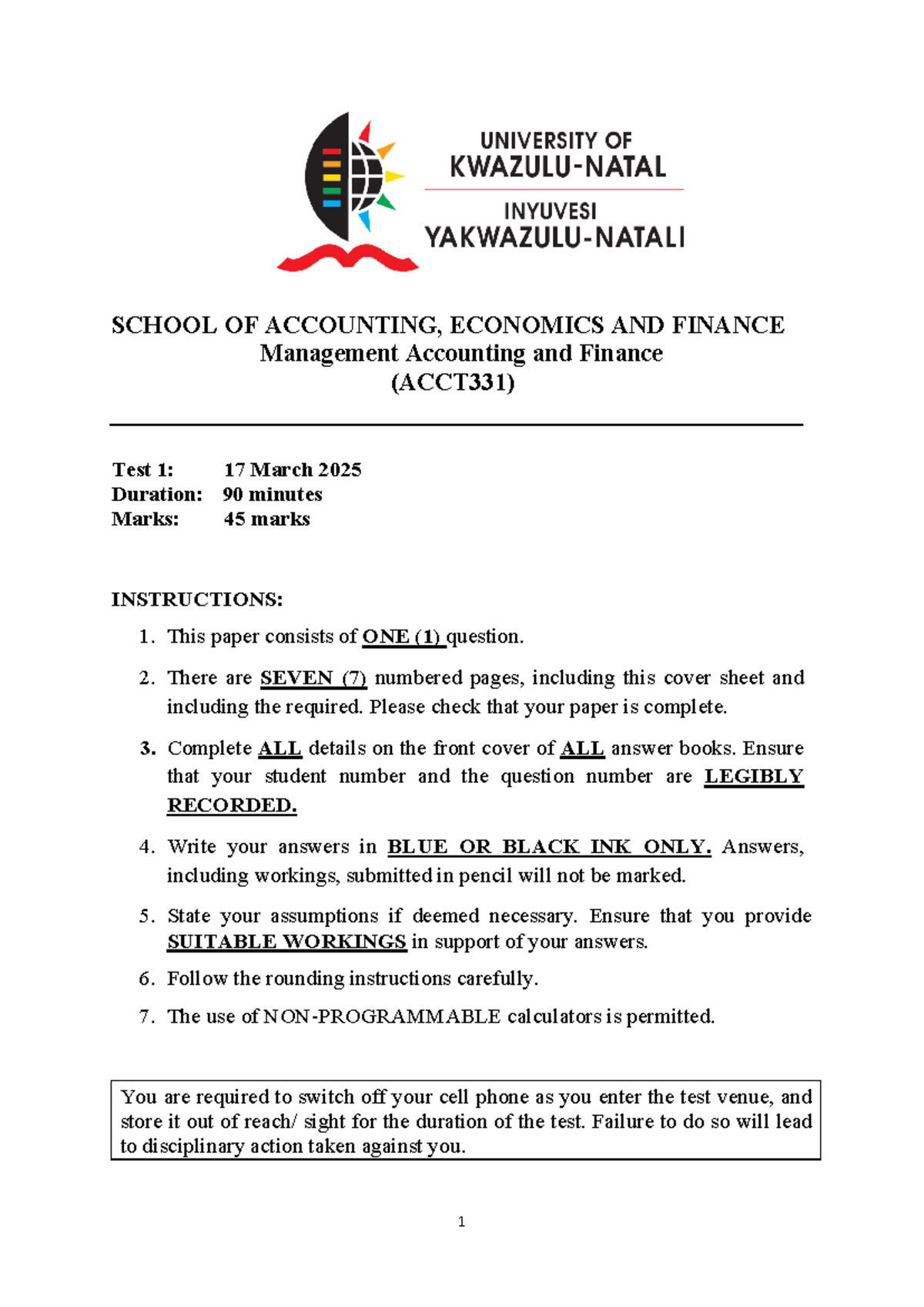 2025 ACCT331 Management Accounting Test 1: FixIt Case Study Analysis ...