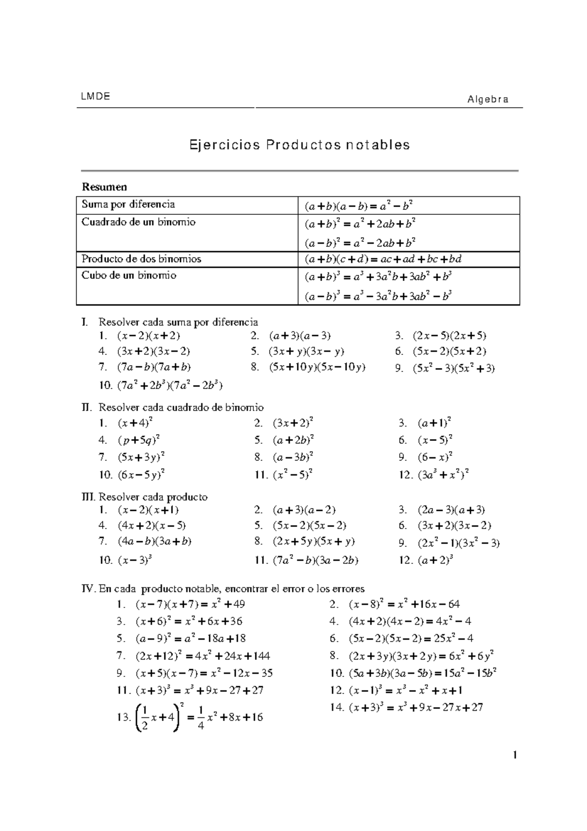 Ejercicios de Productos Notables - LMDE Algebra (Final Exam) - Document Preview