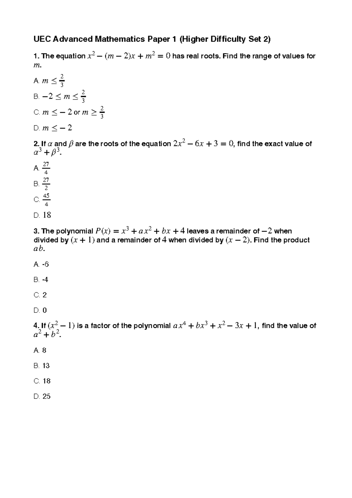 Mid-Exam 5 - UEC Advanced Mathematics Paper 1 (Higher Difficulty) - Studocu