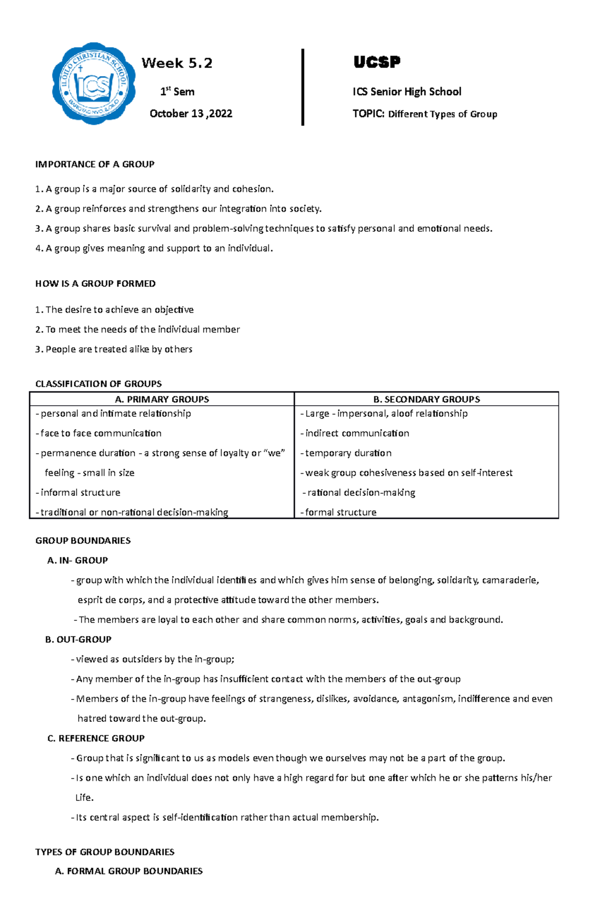 Week 5.2 UCSP - Understanding Different Types of Social Groups - Studocu