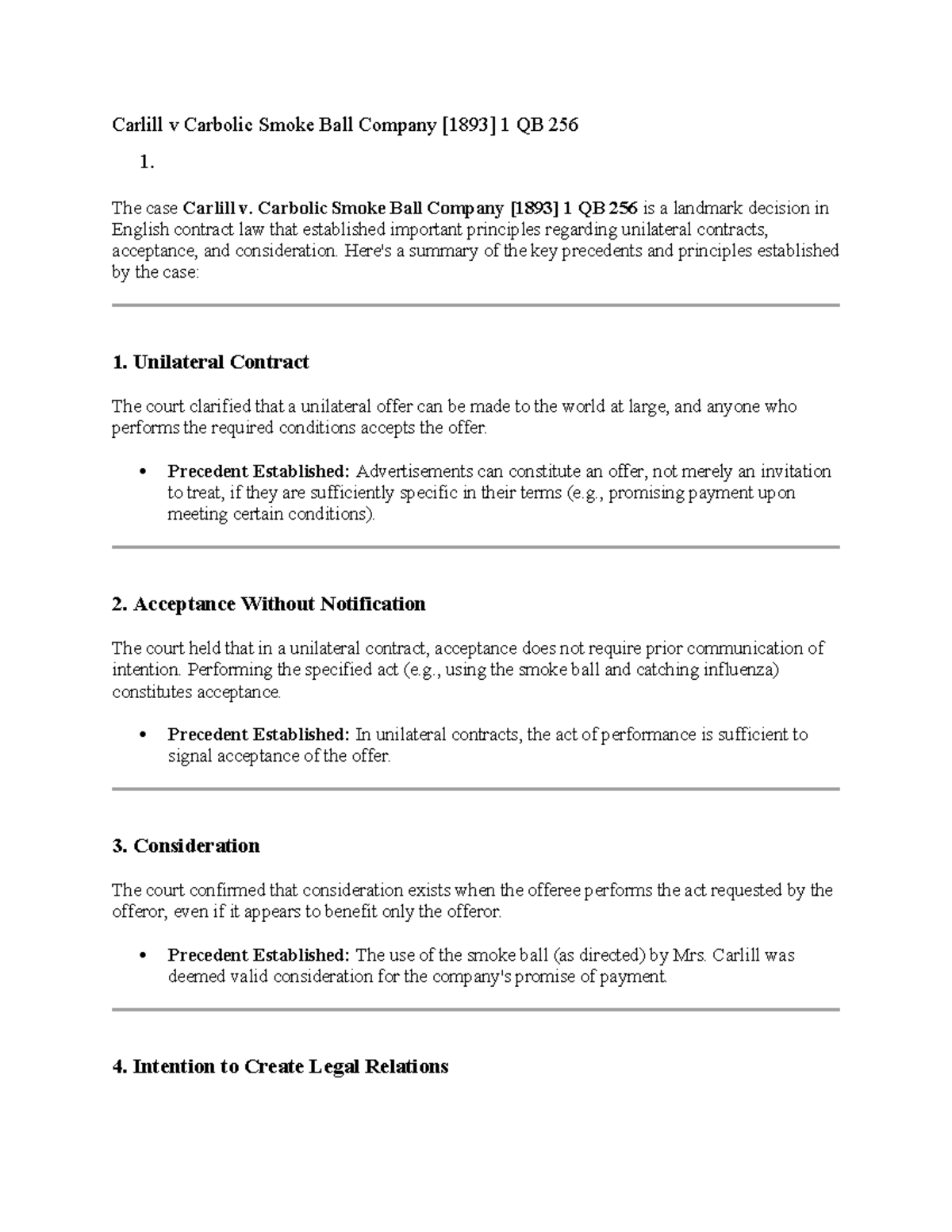 Title: Case Summaries: Carlill v Carbolic Smoke Ball Co [1893] Legal ...