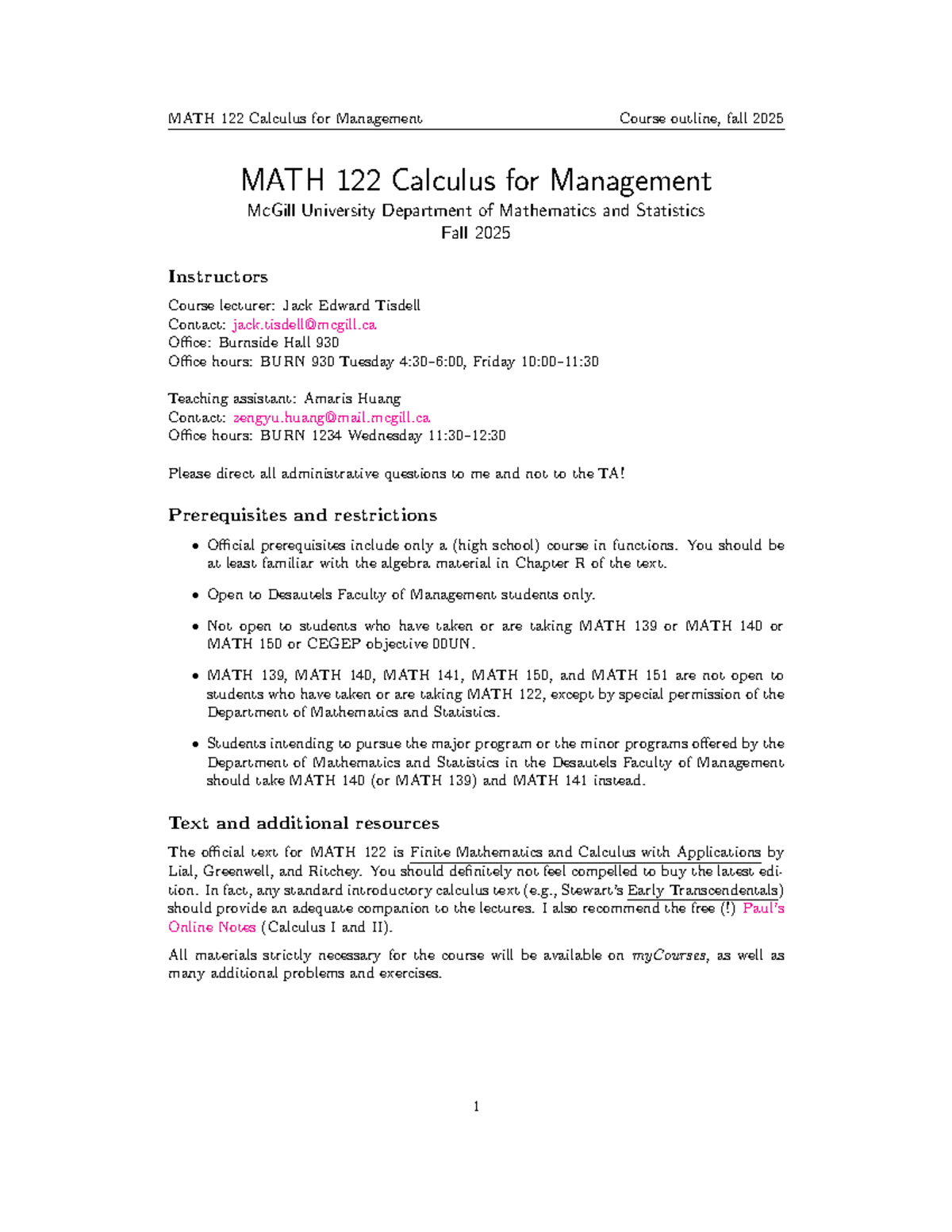 MATH 122 Calculus for Management Course Outline - Fall 2025 - Studocu