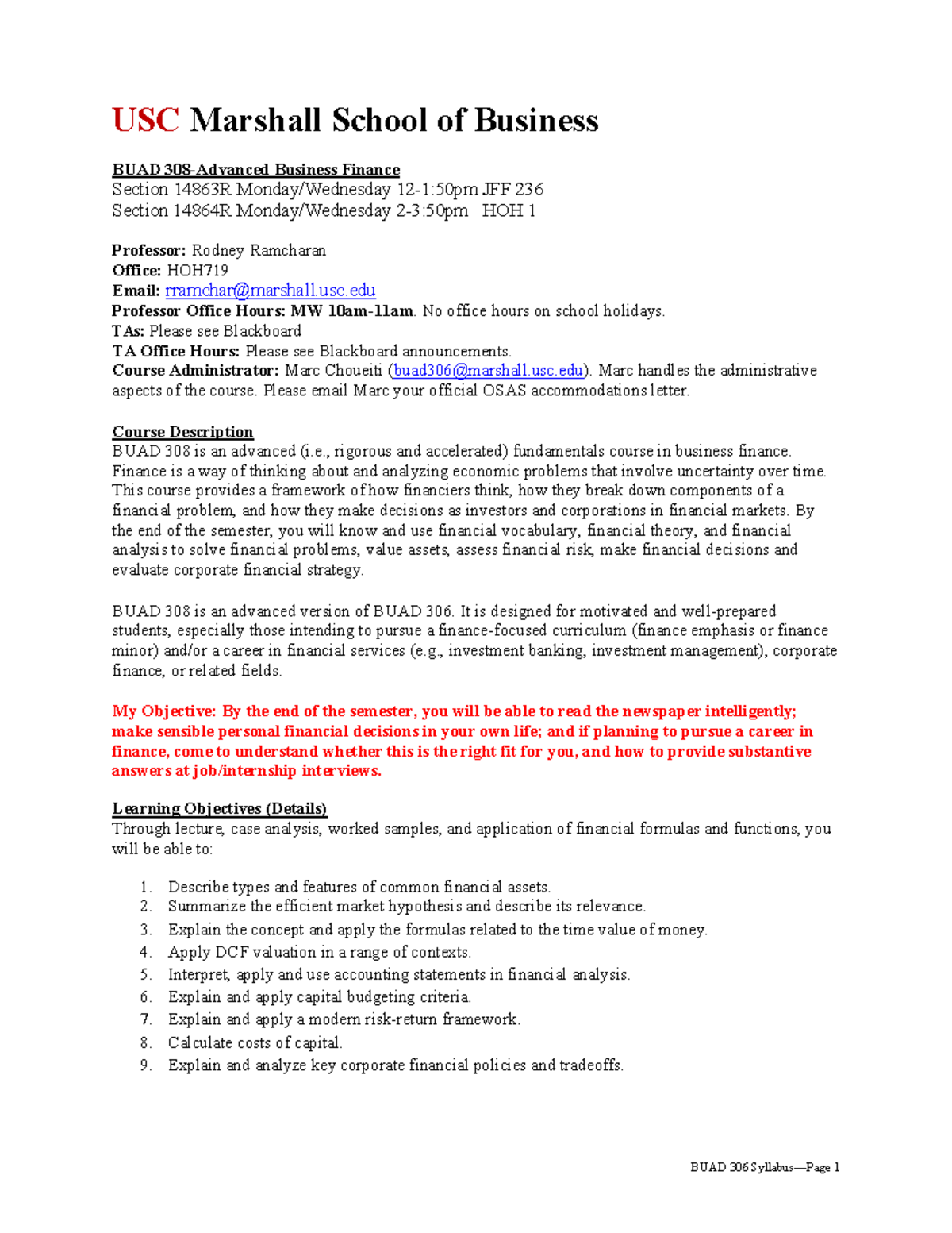 BUAD 308 Syllabus - Advanced Business Finance Course Overview - Studocu