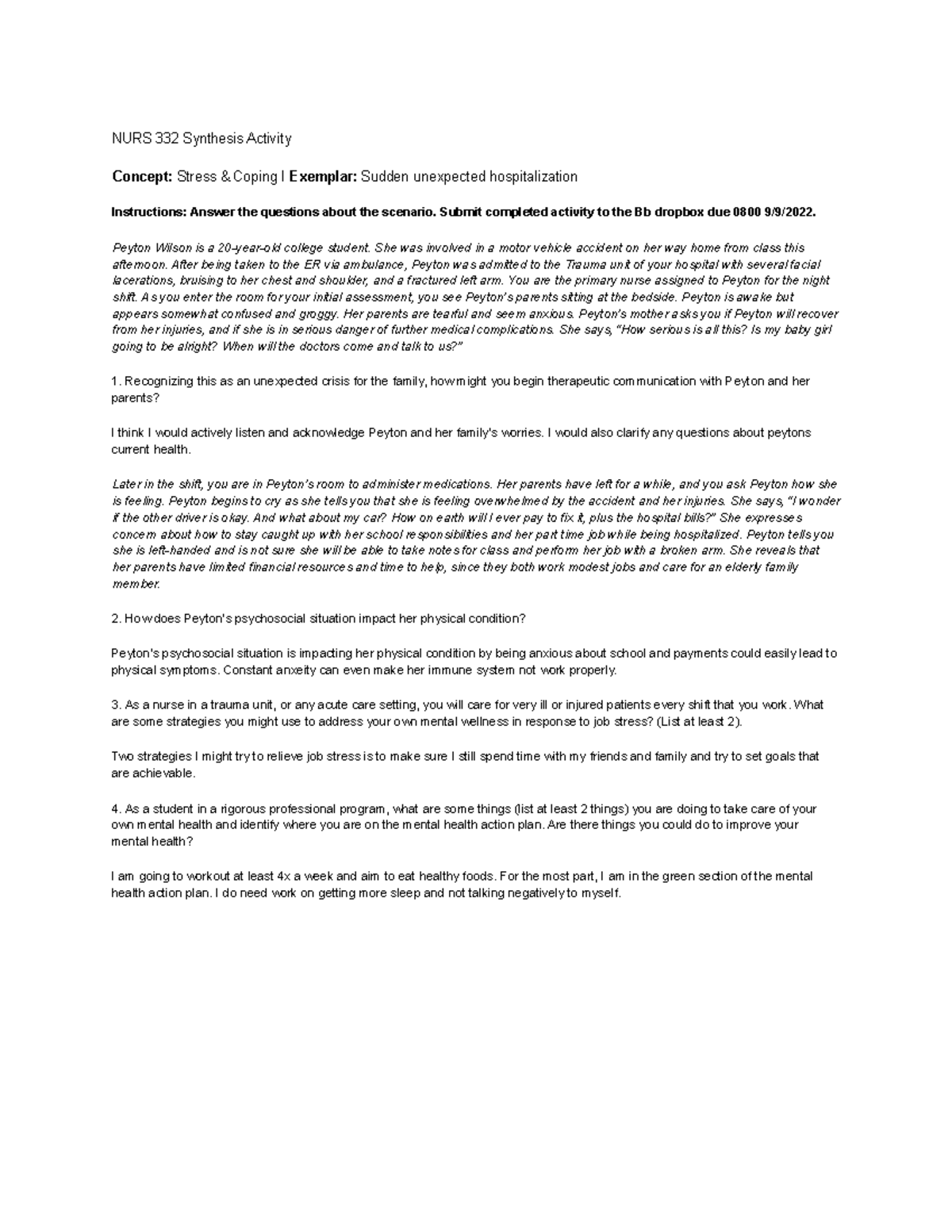 NURS 332 Case Study: Coping Strategies for Trauma & Stress Management ...