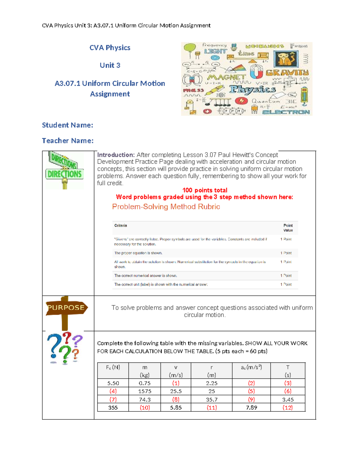 CVA Physics Unit 3: A3.07.1 Uniform Circular Motion Practice Assignment ...