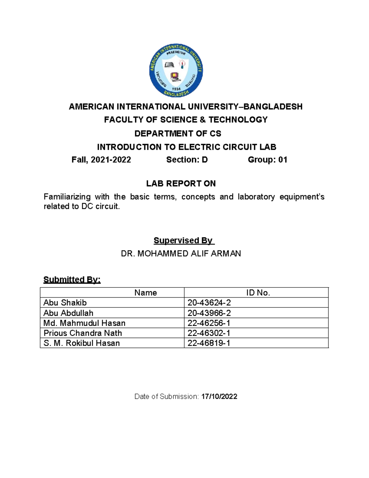 Lab Report on Familiarizing with DC Circuits - CS 101 Fall D01 - Studocu