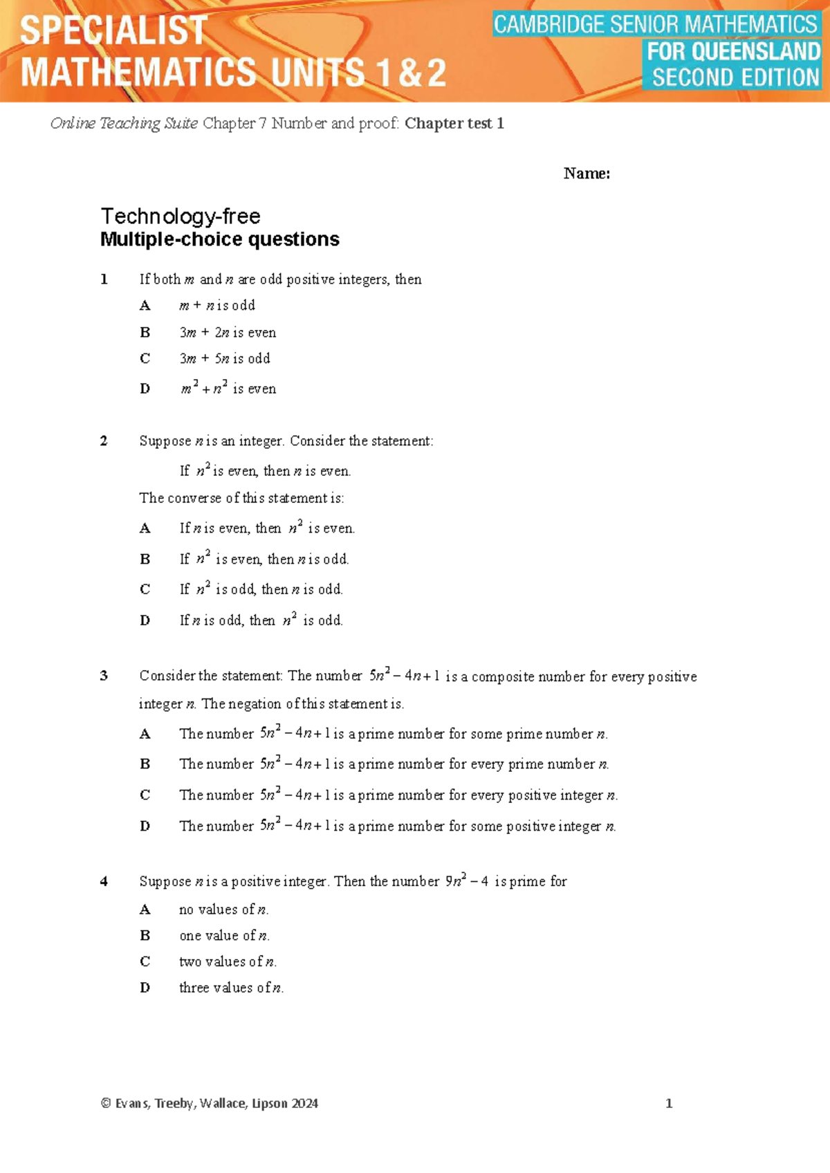 Online Teaching Suite MATH101 Chapter 7 Number and Proof: Test 1 ...