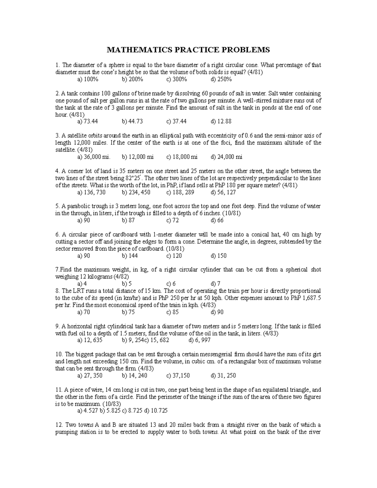 Mathematics Practice Problems for Midterm Exam (MATH 101) - Studocu