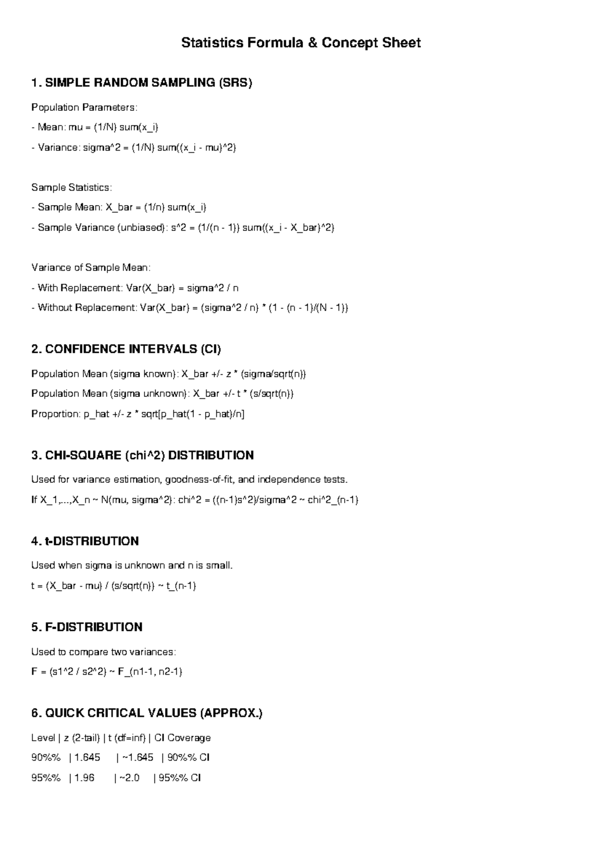 Statistics Formula Sheet: SRS, CI, and Distribution Concepts - Studocu