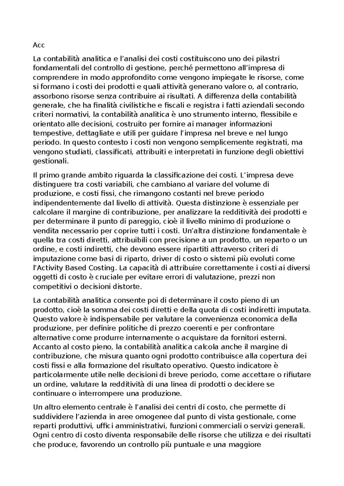 Acc - Appunti sulla Contabilità Analitica e dei Costi - Studocu
