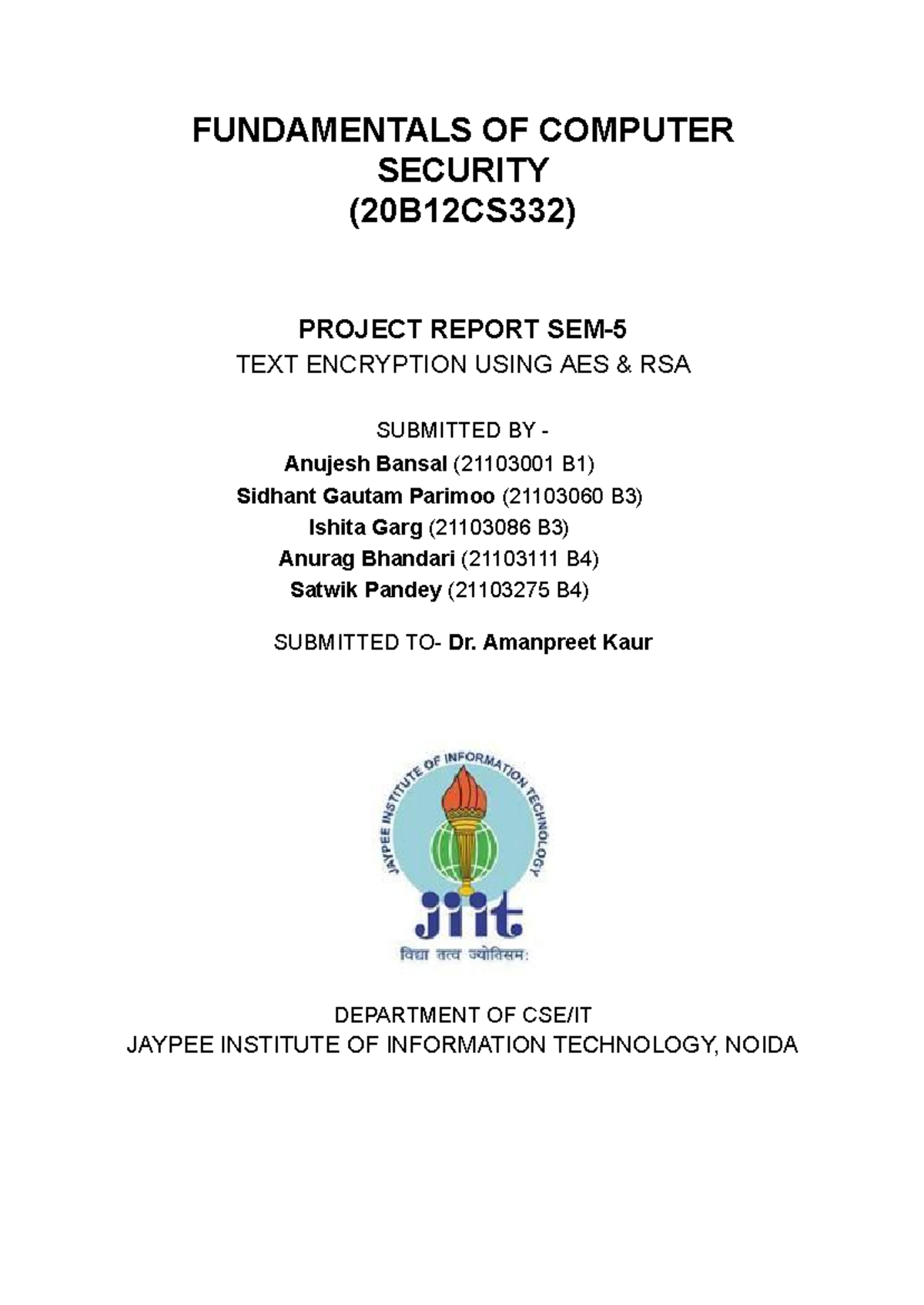 Text Encryption Project Report: AES & RSA in FOCS (20B12CS332) - Studocu