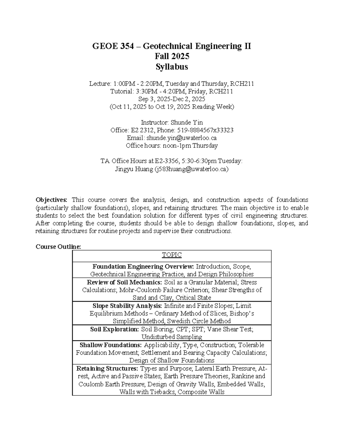 GEOE 354 Geotechnical Engineering II Fall 2025 Syllabus Overview - Studocu