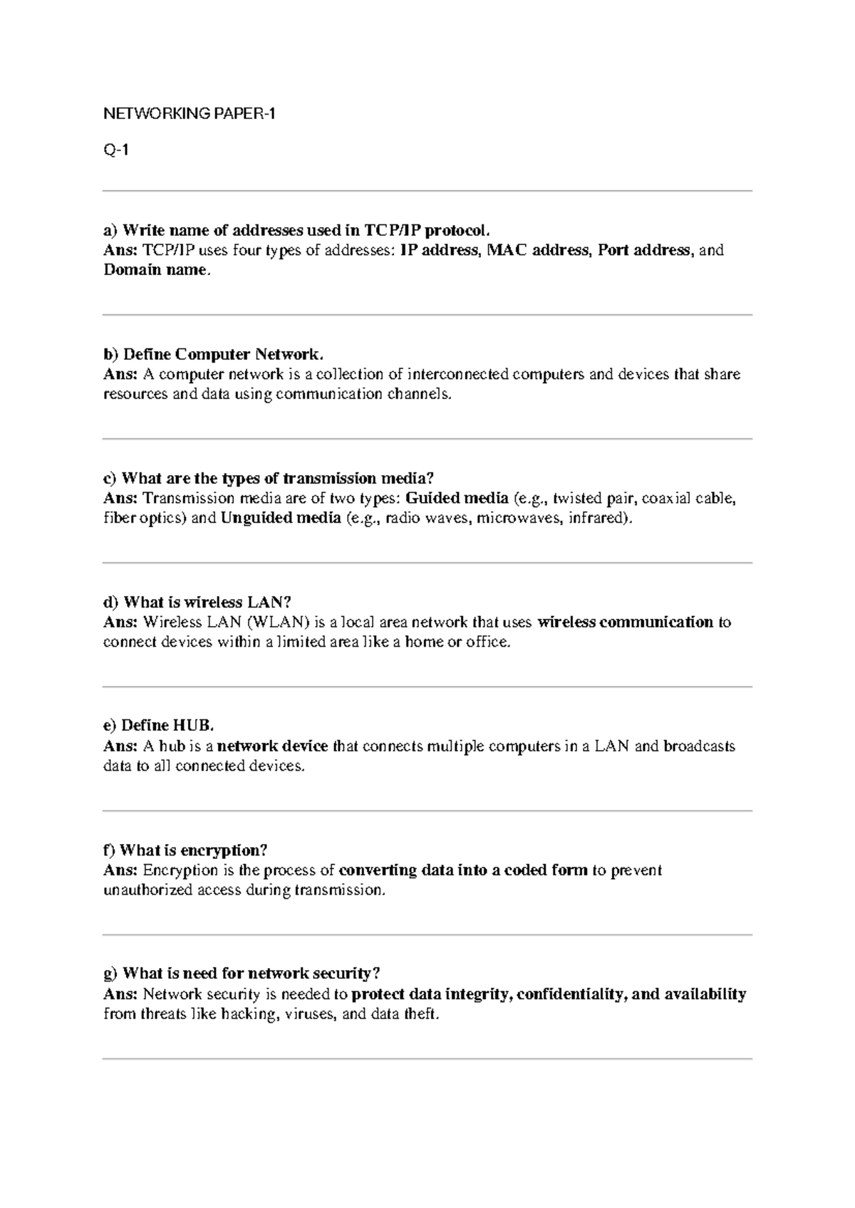 Networking paper solutions for course code NET101 - Studocu