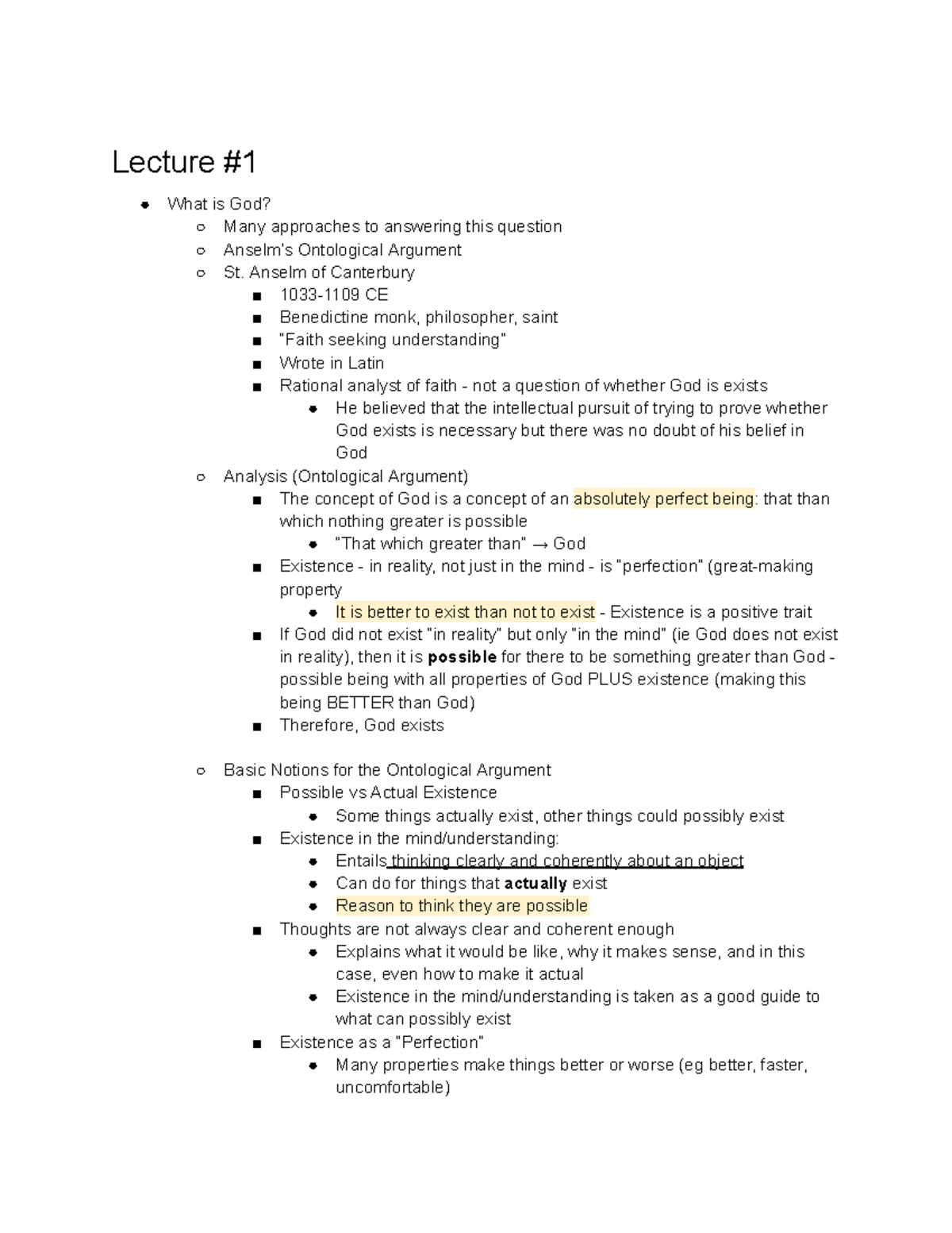 PHIL 101: Intro to Philosophy Lecture Notes on Anselm's Ontological ...