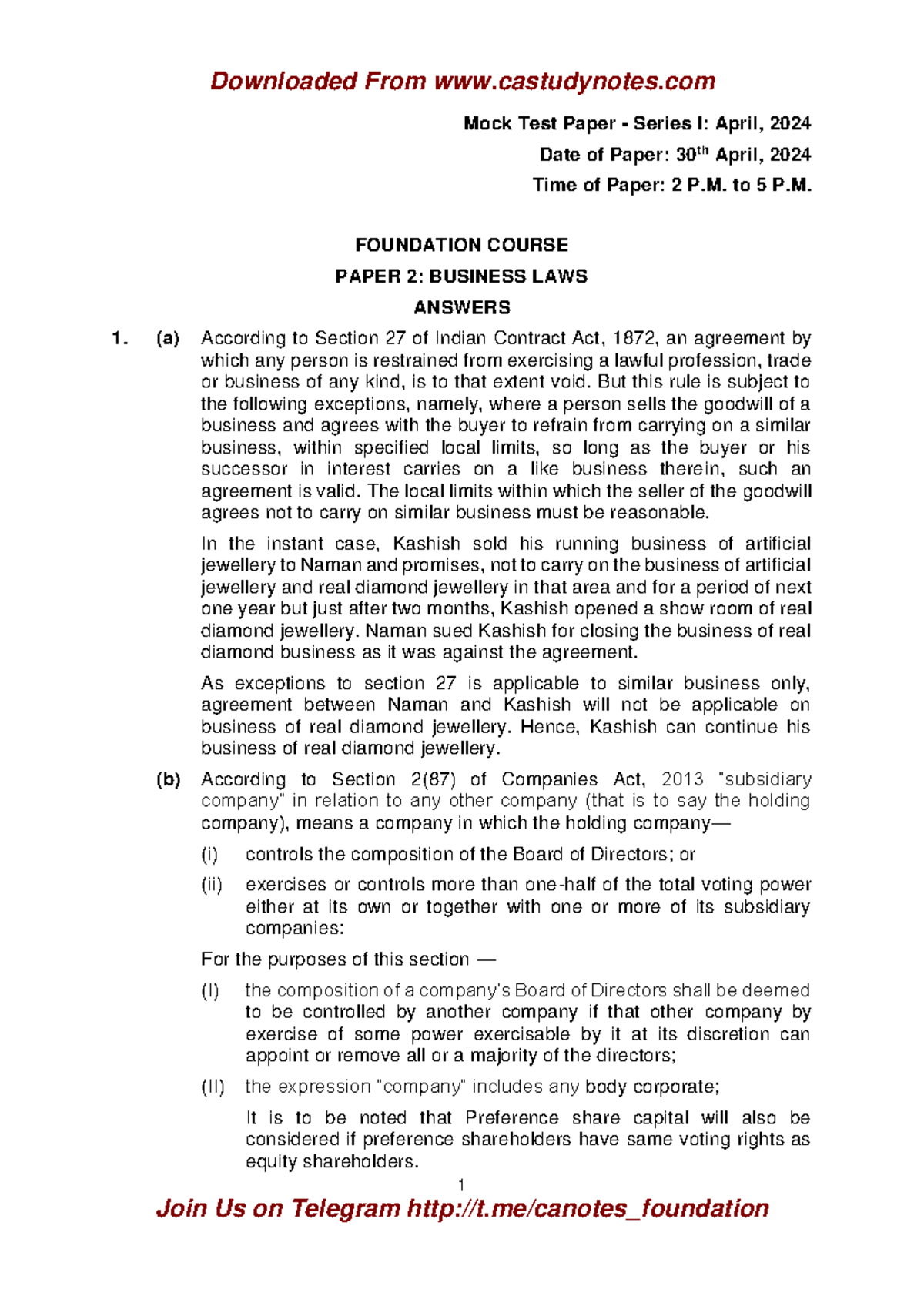 Ca Foundation Business Law Mtp 1 April 2024 Mock Test Paper Analysis