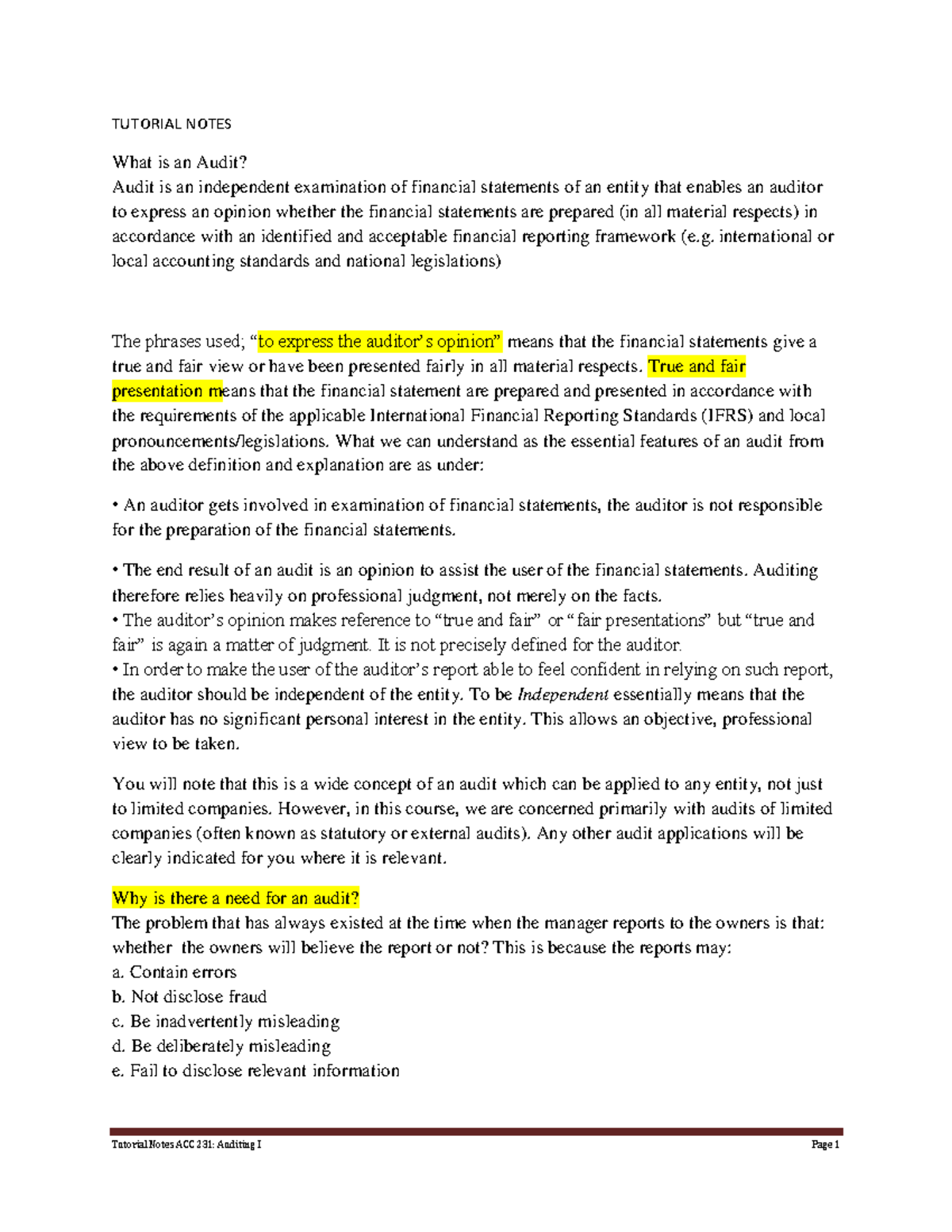 Audit Overview and Key Concepts: Tutorial Notes on Financial Statements ...