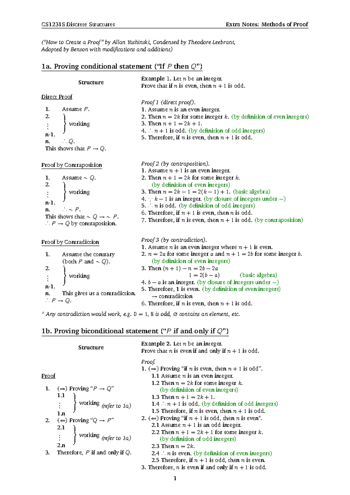 Extra Notes on Methods of Proof CS1231S Discrete Structures - Studocu
