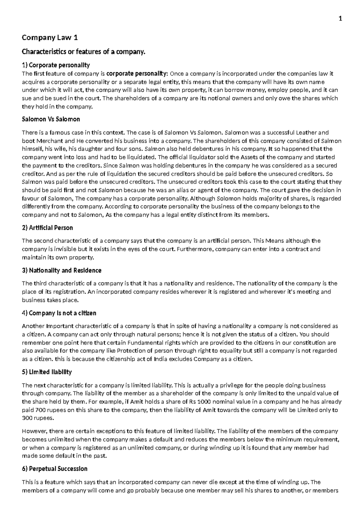Company Law 1: Key Features and Concepts Explained - Studocu