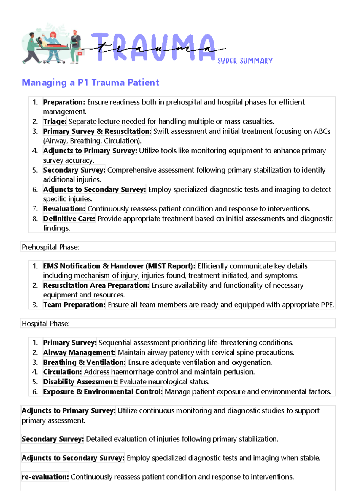 Trauma P1 Super Summary & Management Techniques - Studocu