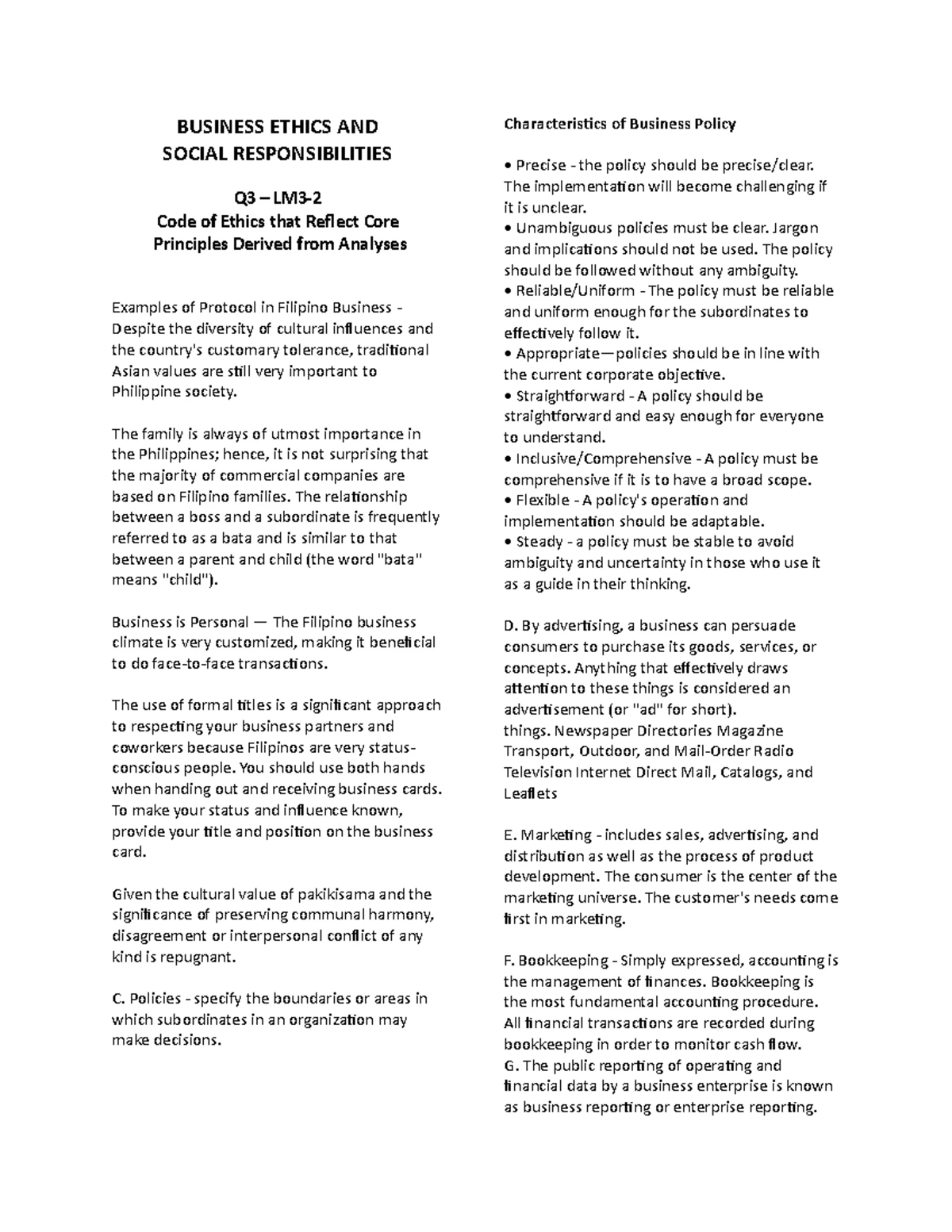 Business Ethics Q3 LM 3-1 - BUSINESS ETHICS AND SOCIAL RESPONSIBILITIES ...