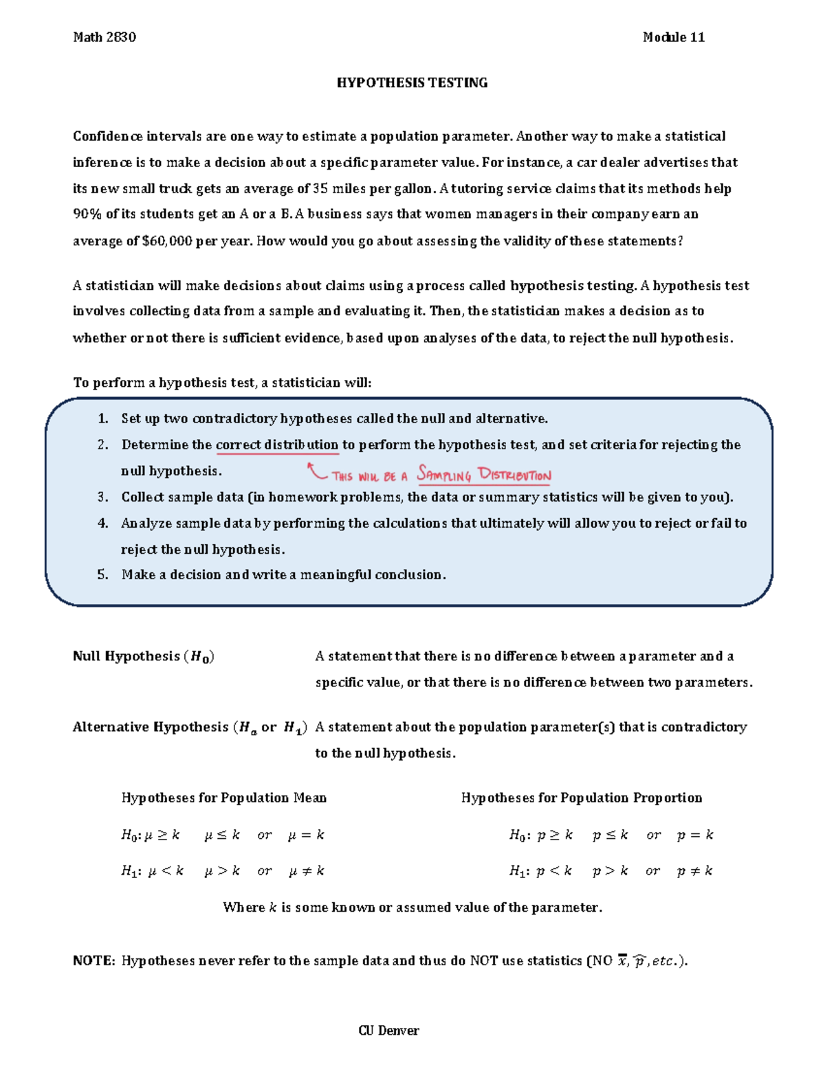 Math 2830 Module 11: Hypothesis Testing Overview and Examples - Studocu
