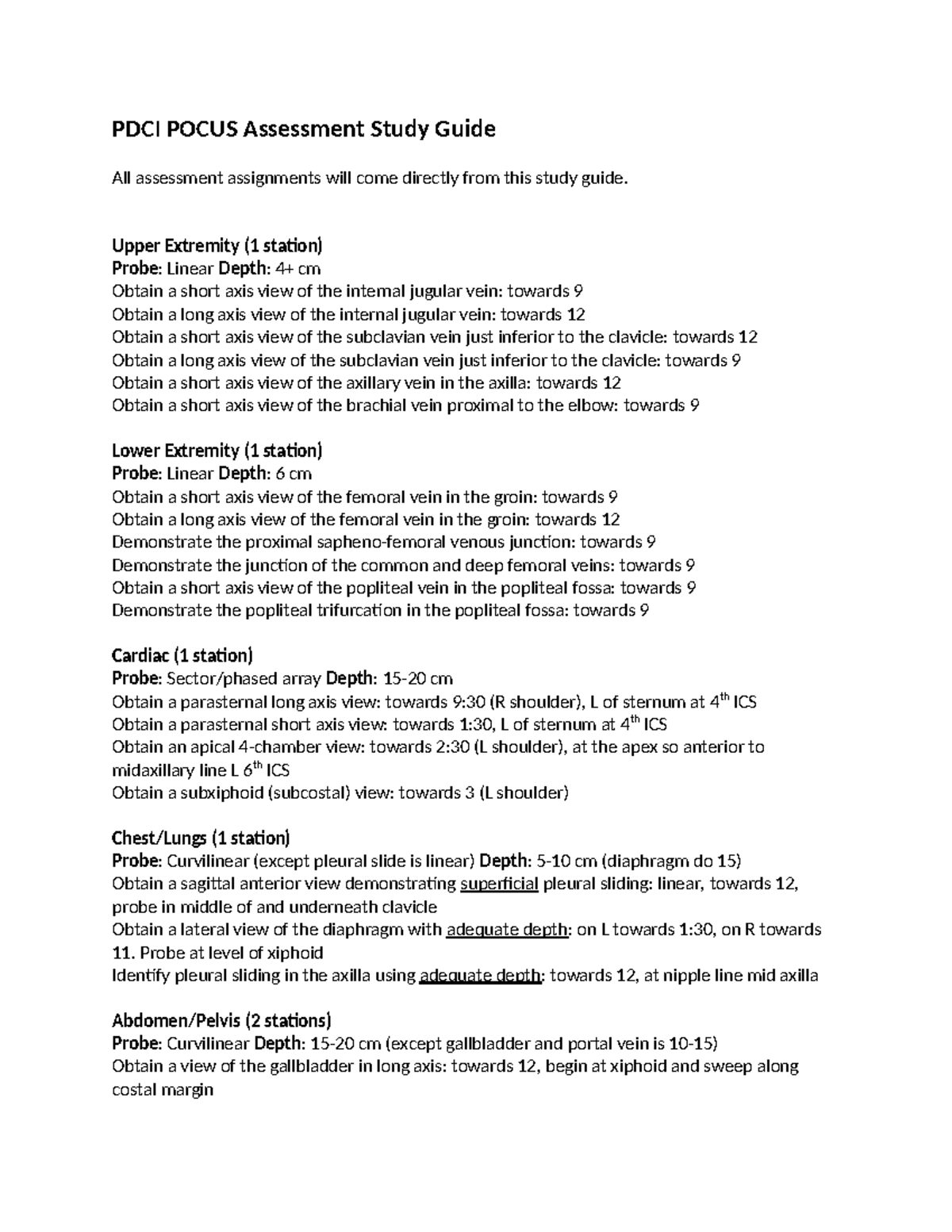 PDCI POCUS Assessment Study Guide: Key Views & Techniques - Studocu