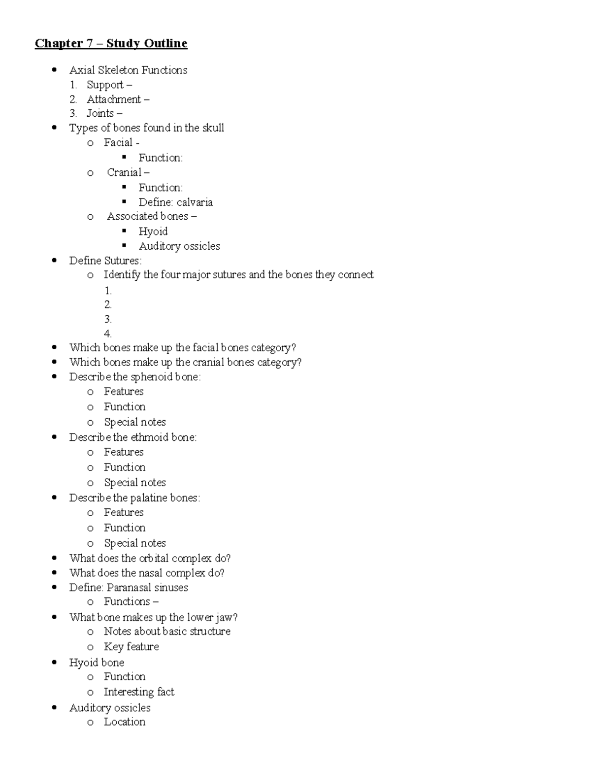 Axial Skeleton Functions - Chapter 7 Study Outline (BIO 101) - Studocu