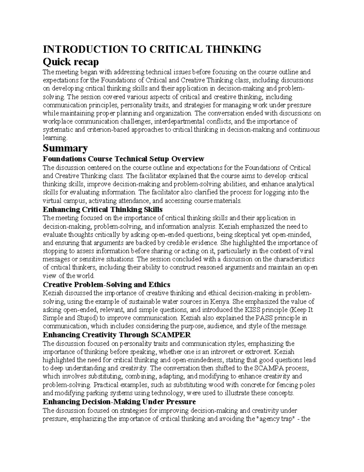Foundations of Critical Thinking (CRIT 101) Course Overview and ...