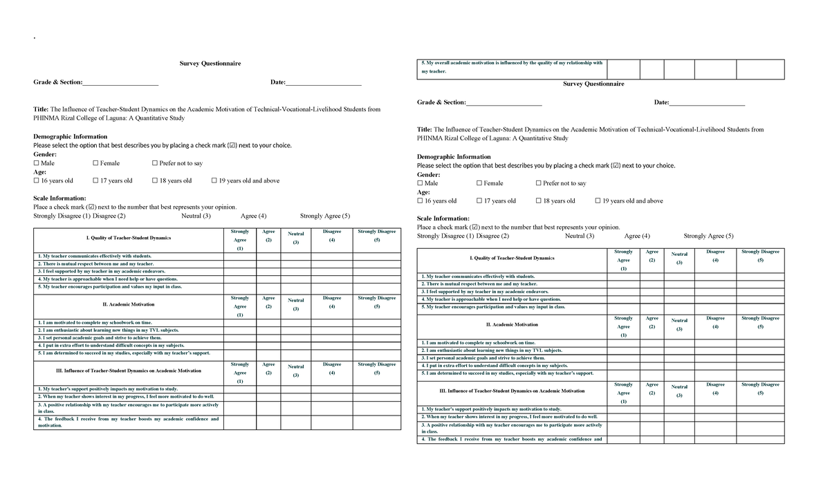 PR2 GR2 Teacher-Student Dynamics Survey Questionnaire - Studocu