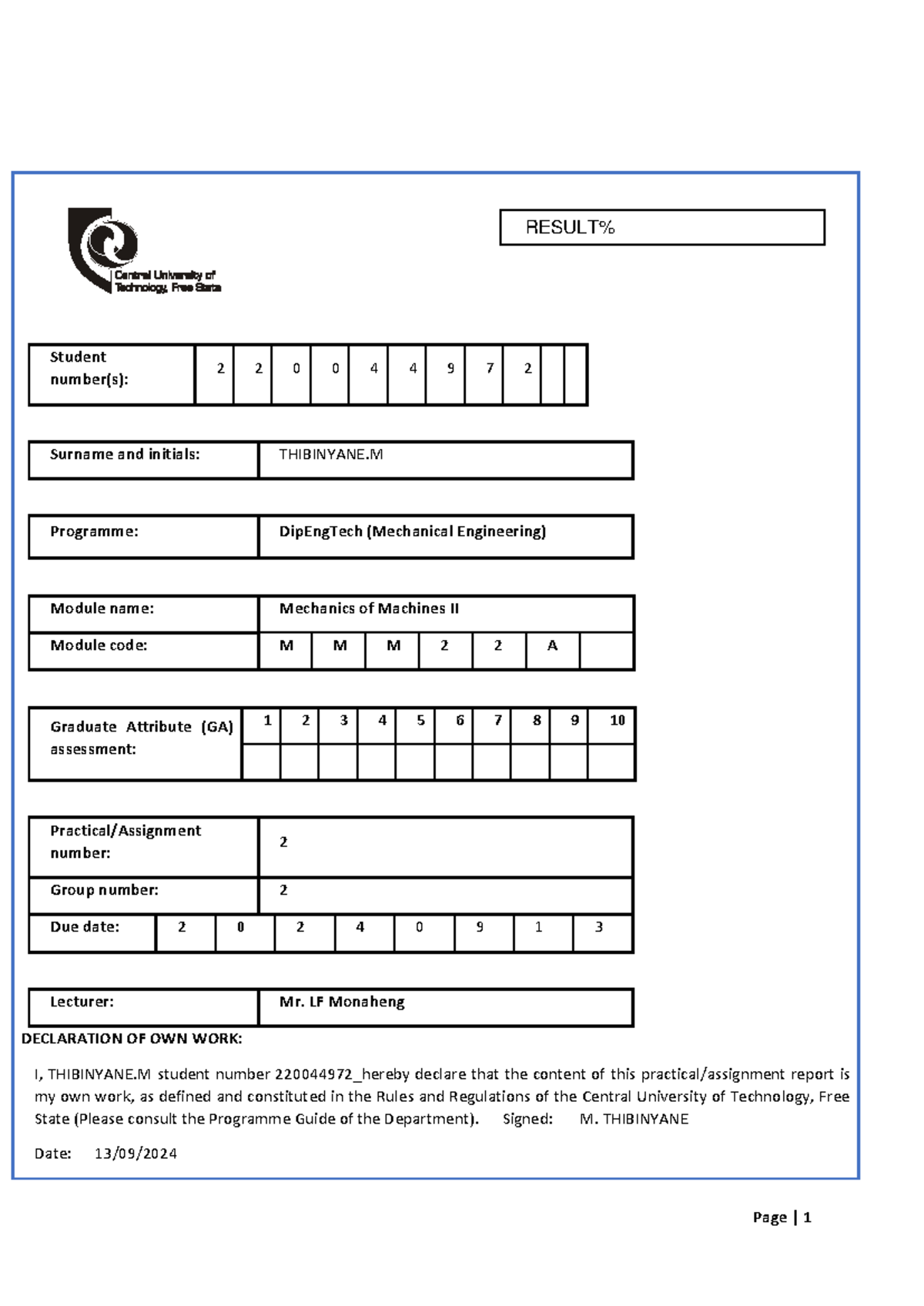 Mechanics of Machines II - Practical Assignment 2 (MMM22A) Report - Studocu