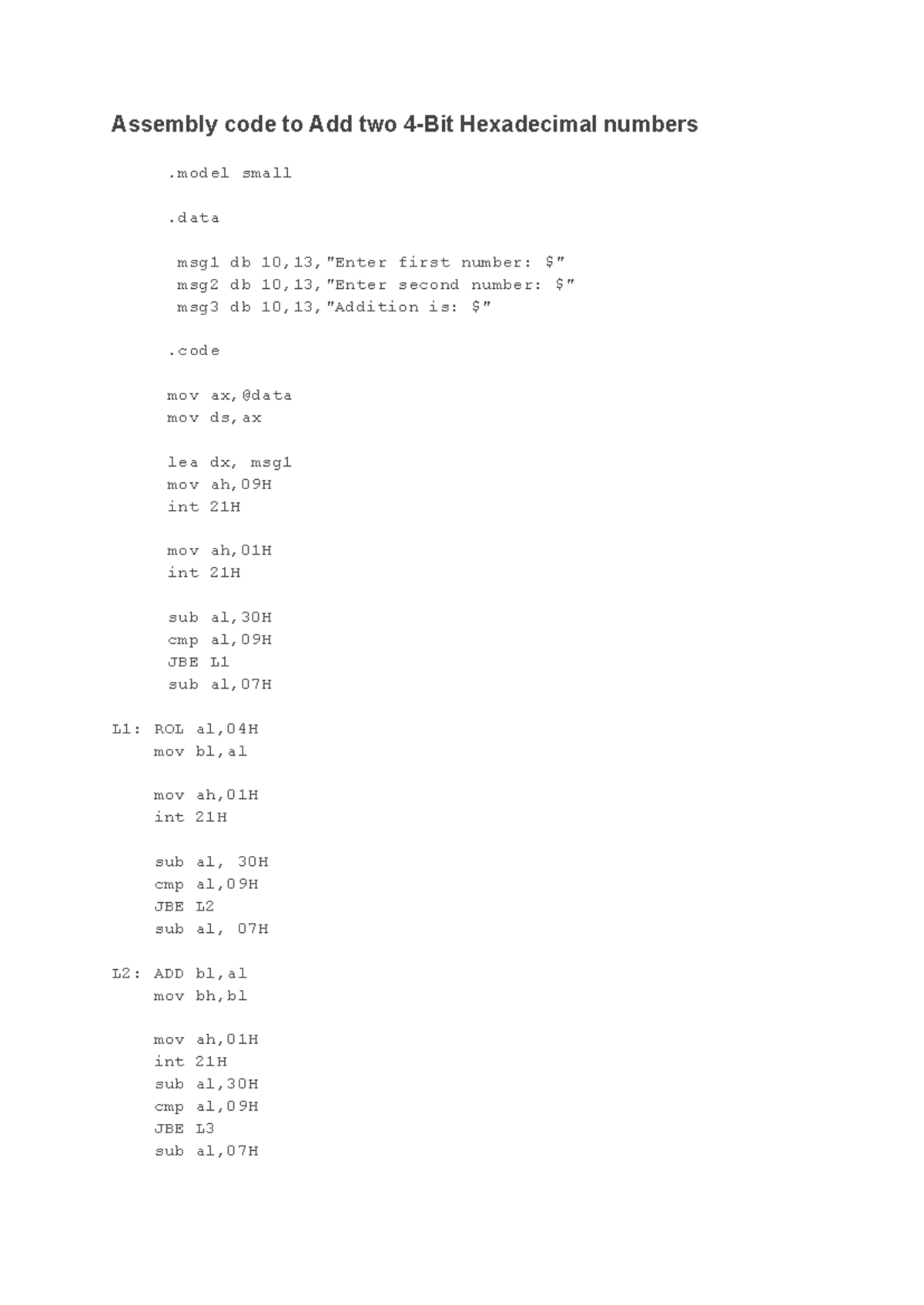 Assembly Code for Adding Two 4-Bit Hexadecimal Numbers - Add4 - Studocu