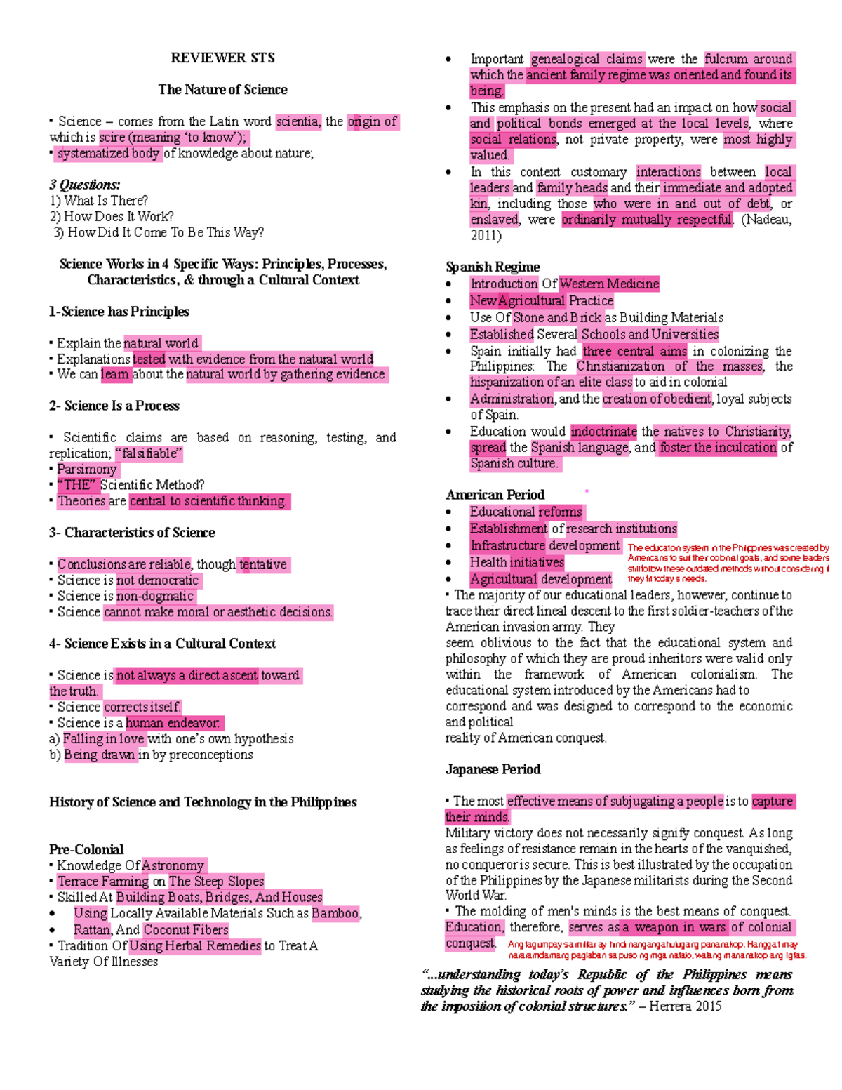 STS- Reviewer-Highlighted (pg 1-4) - REVIEWER STS The Nature of Science ...