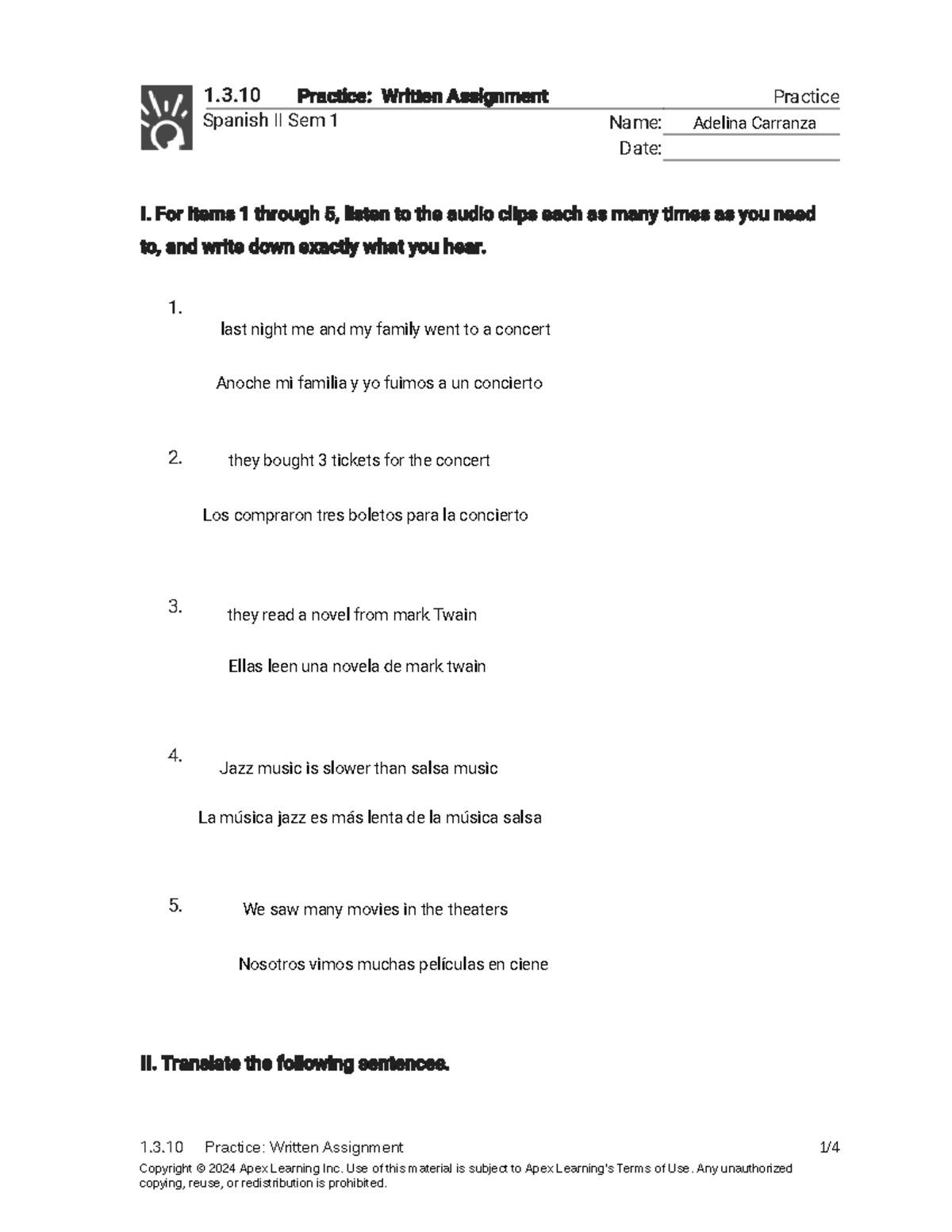 1.3.10 Written Assignment Practice for Spanish II Sem 1 - Studocu