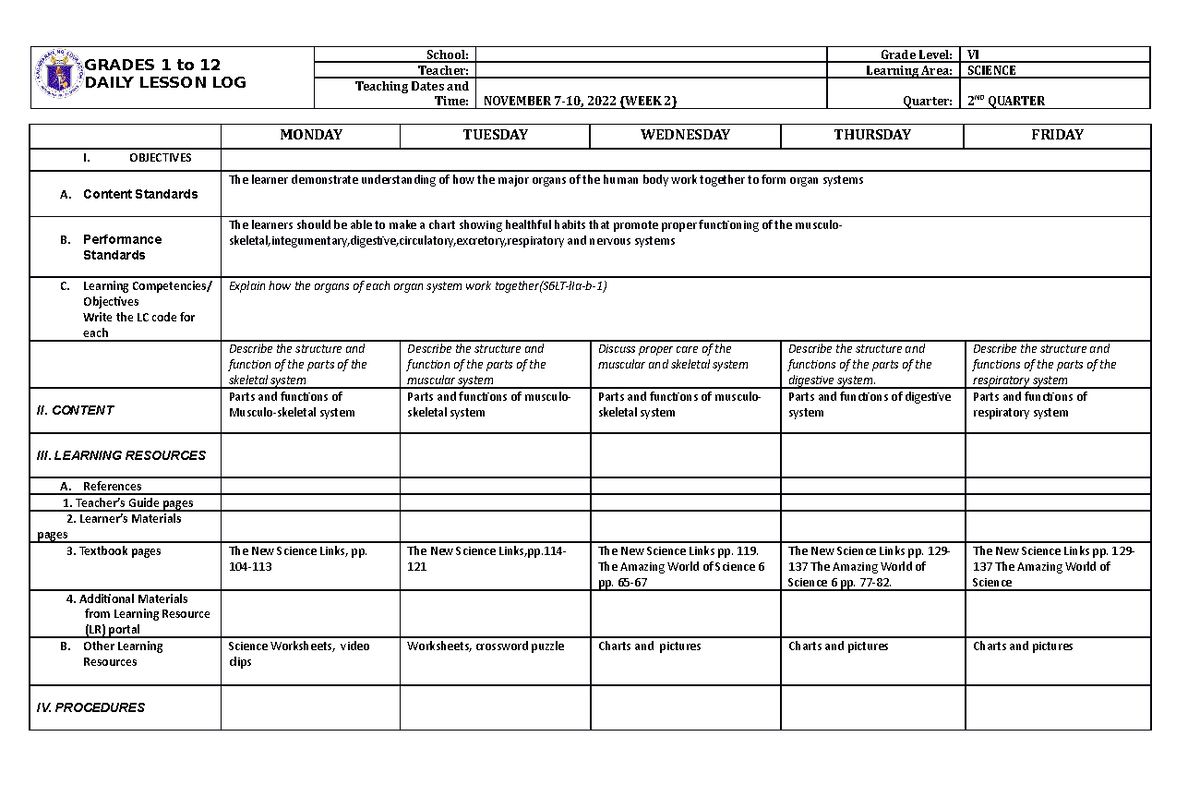DLL Science 9 Q2 W2 - Daily Lesson Log on Human Organ Systems - Studocu