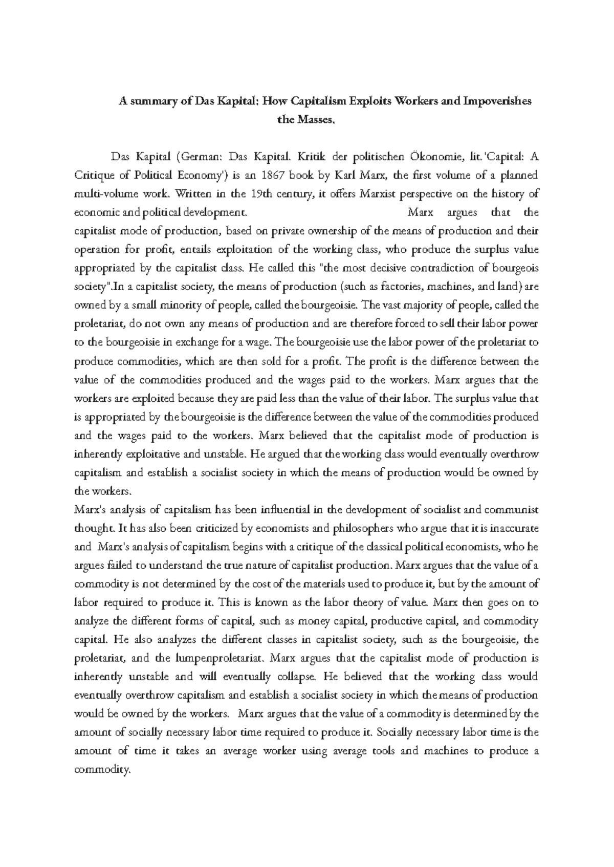 Das Kapital Vol. I: Summary & Notes on Exploitation & Economy - Studocu