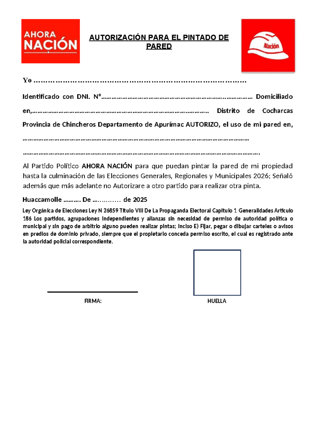 Autorización para Pintado de Pared - Elecciones 2026 - Huaccamolle - Document Preview