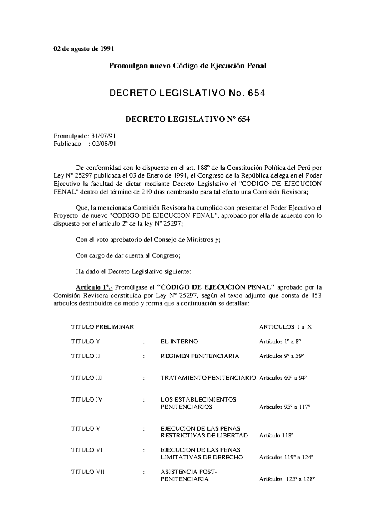 Decreto Legislativo N° 654: Nuevo Código de Ejecución Penal - Studocu