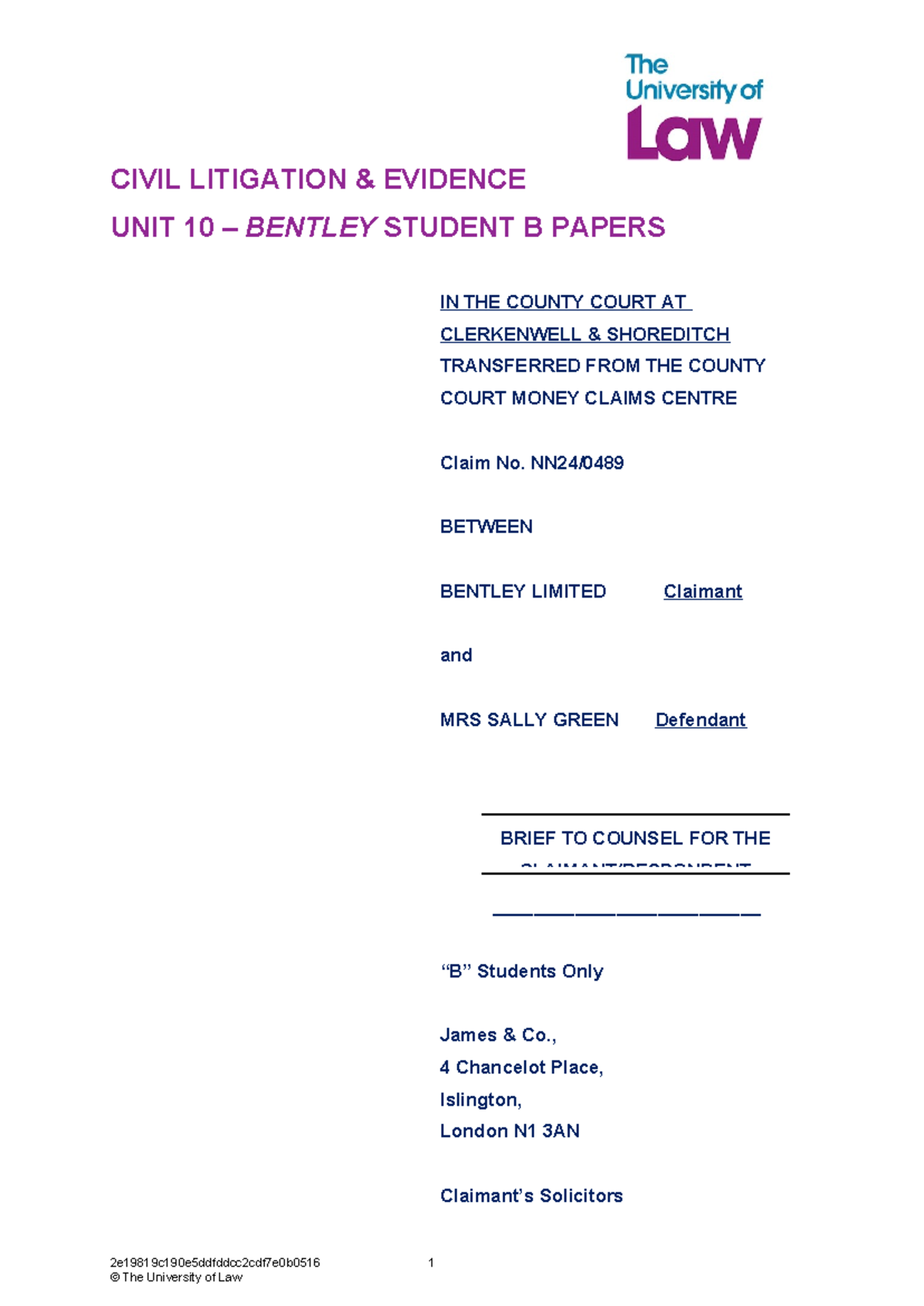 2425 CIV Unit 10 Civil Litigation & Evidence - Bentley Student B Papers ...