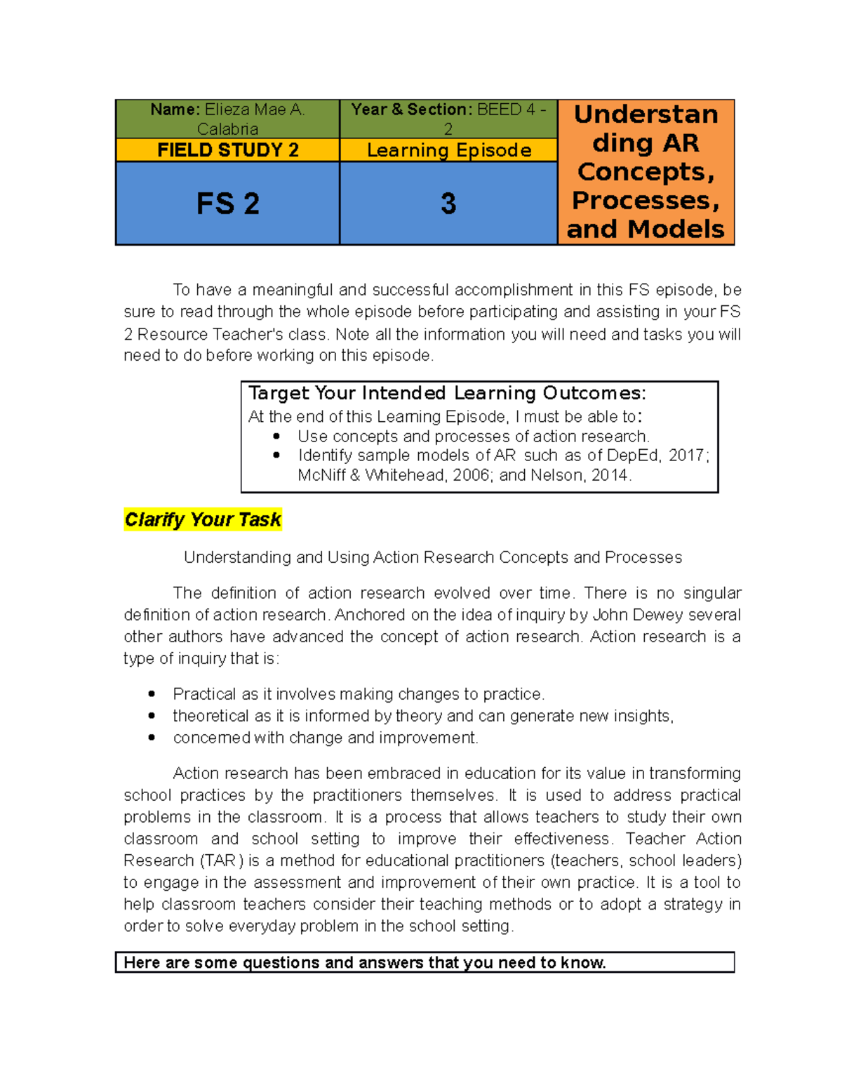 Field Study 2: Understanding Action Research Concepts and Models - Studocu
