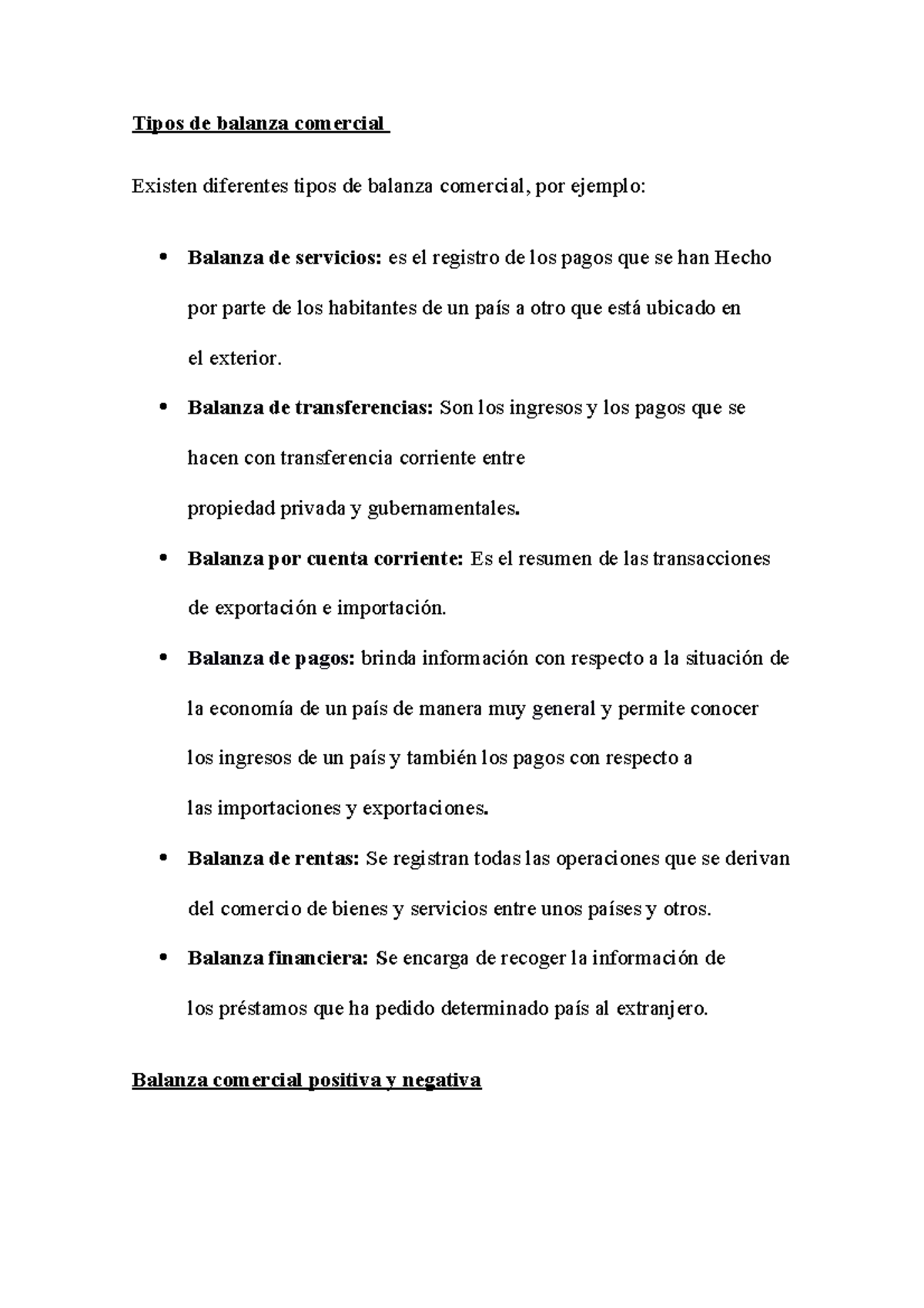Tipos y características de la balanza comercial en economía - Studocu