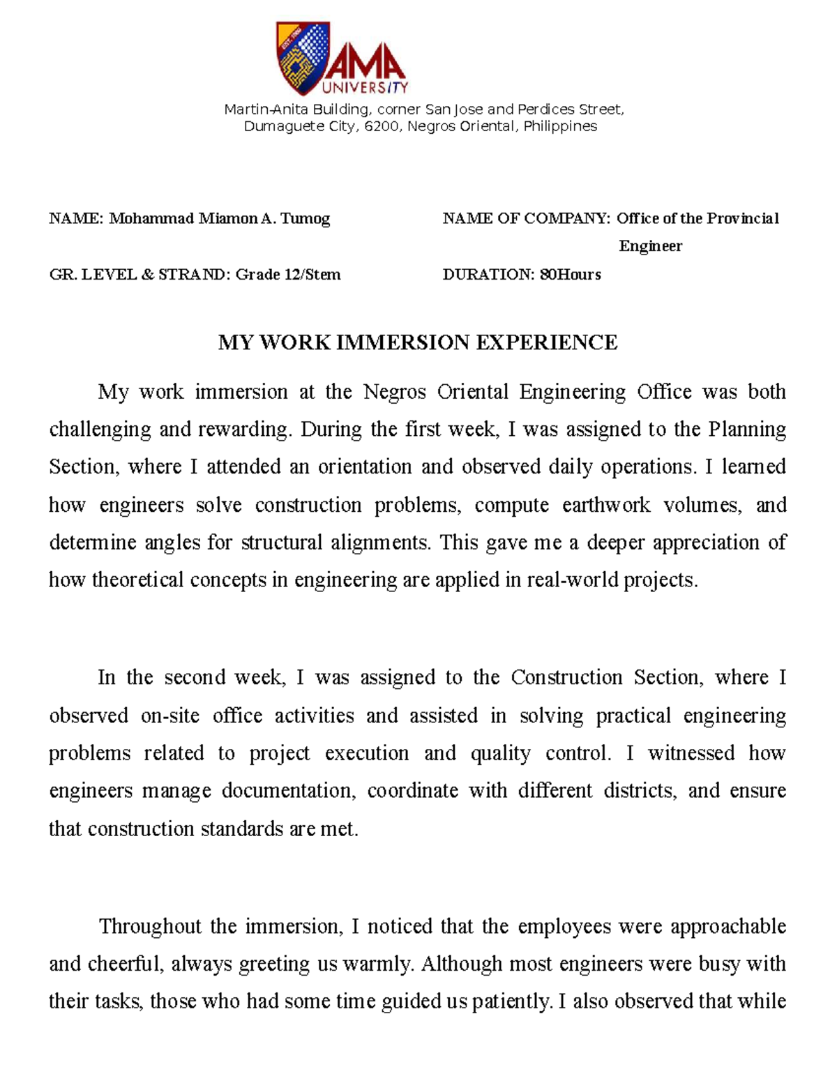 Reflection Essay on Work Immersion Experience in Engineering - Studocu
