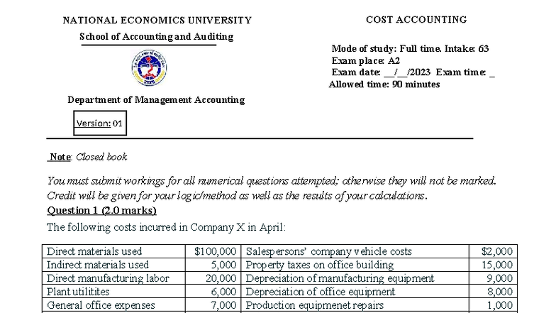 COST ACCOUNTING MOCK EXAM - NEU School of Accounting & Auditing - Studocu