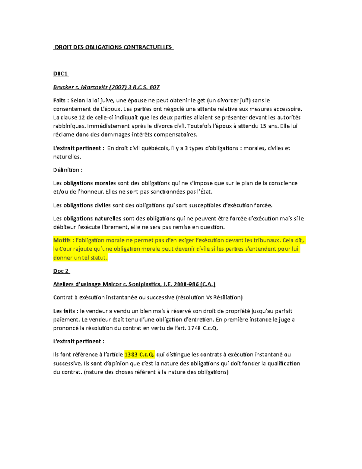 DRT100 (Lecture) - Notes de lecture sur les obligations