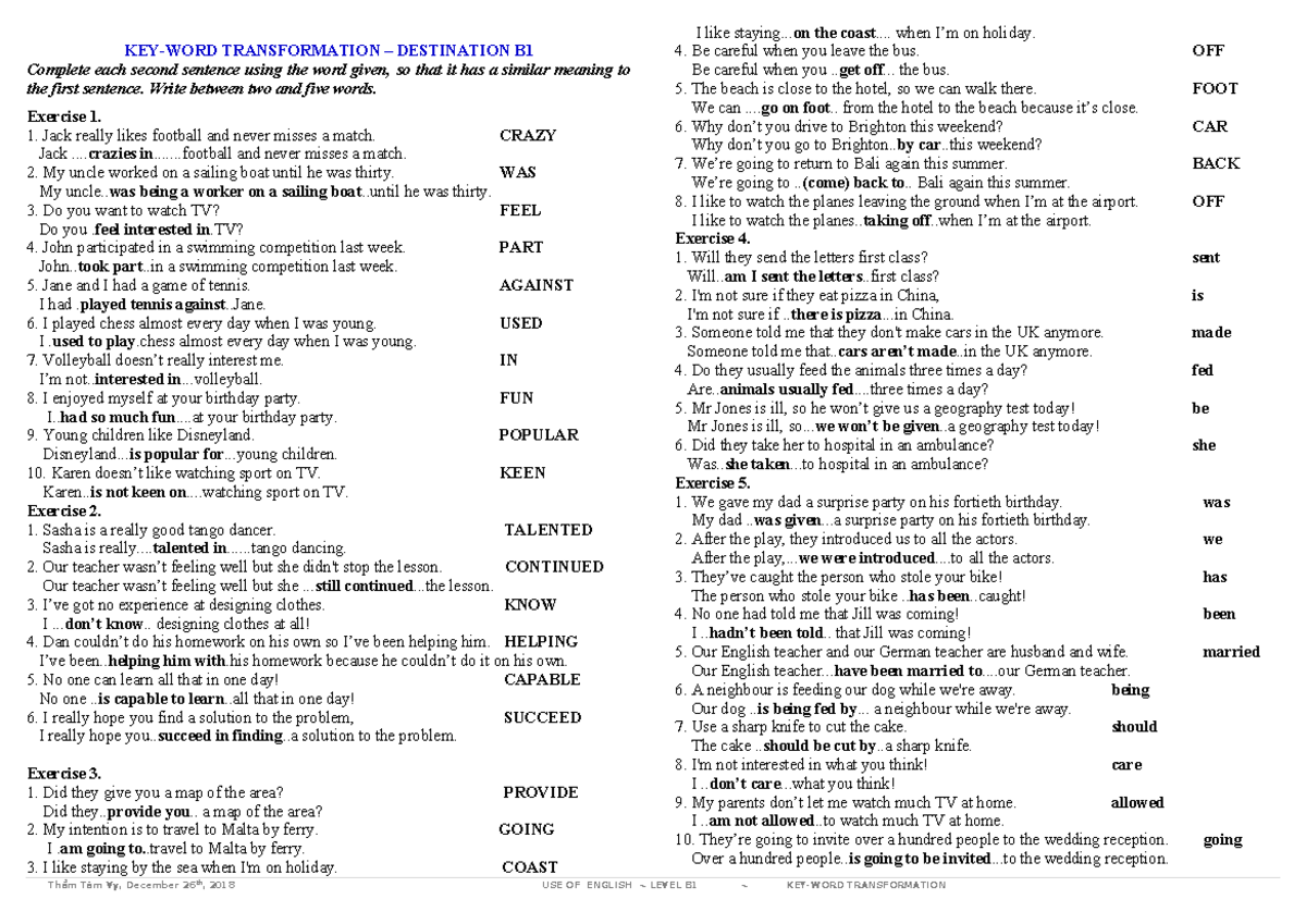 B1 USE OF ENGLISH: TRANSFORMATION EXERCISES AND ANSWERS - Studocu