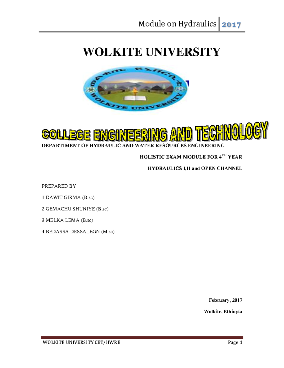 1 Hydraulics Module finall - WOLKITE UNIVERSITY DEPARTIMENT OF ...