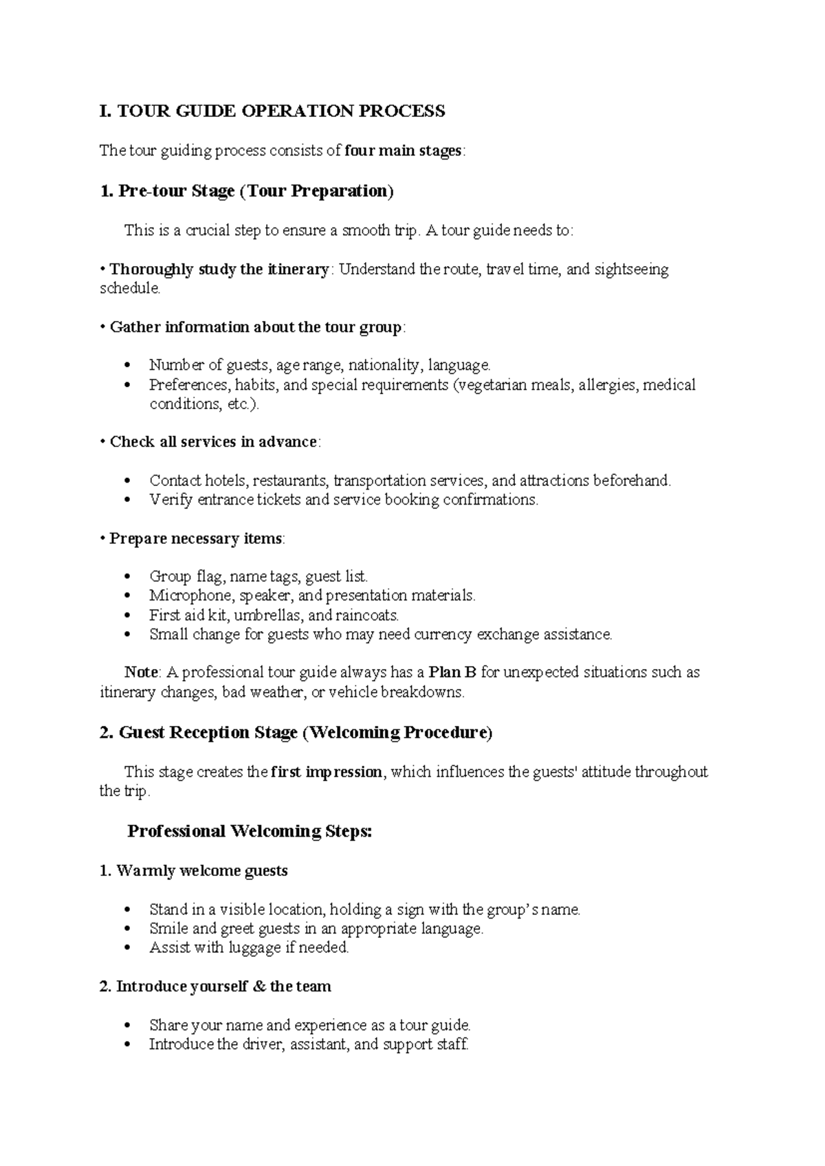 Tiếng anh qui trình - :((( - I. TOUR GUIDE OPERATION PROCESS The tour ...