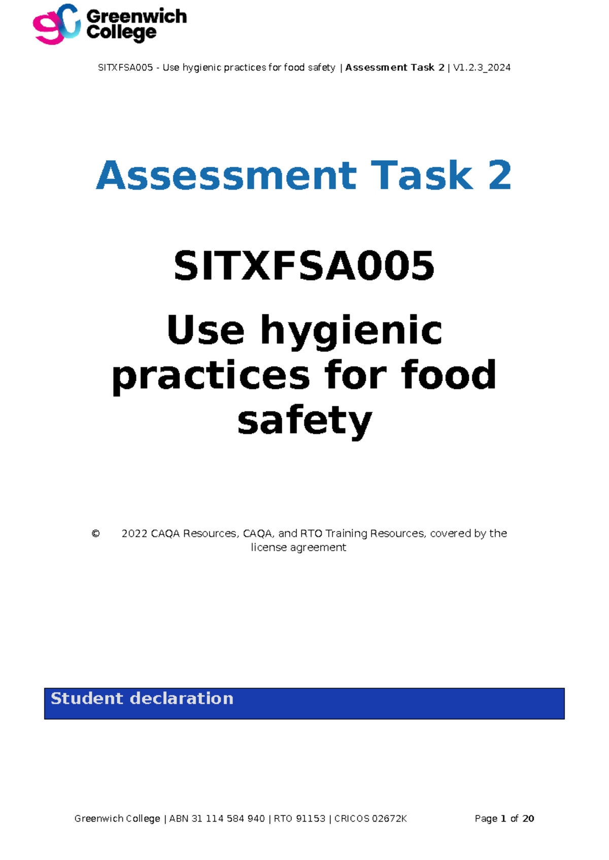 Sitxfsa 005 Assessment Task 2 V.1 - Assessment Task 2 SITXFSA Use ...