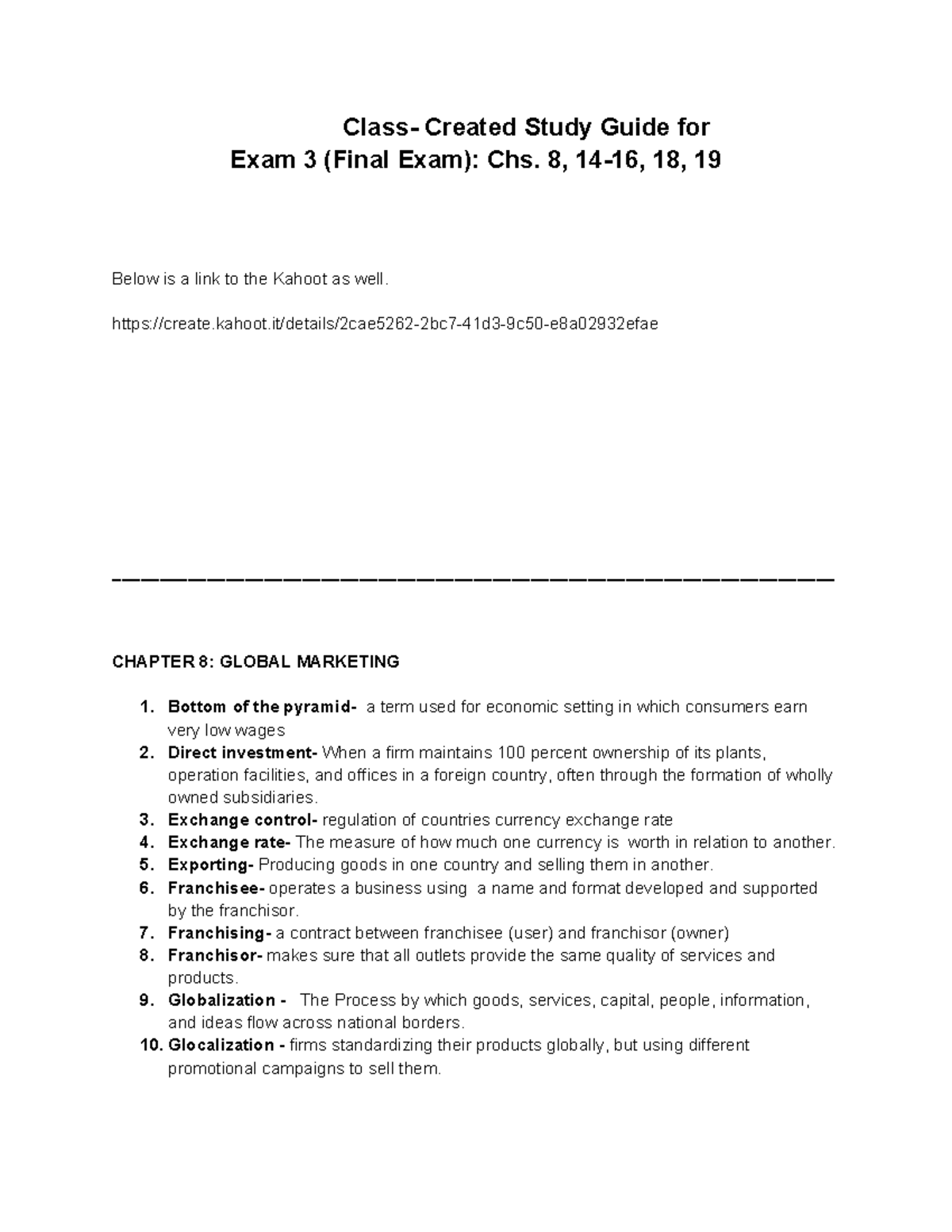Final Exam Study Guide: Chapters 8, 14-16, 18, 19 - Class- Created ...